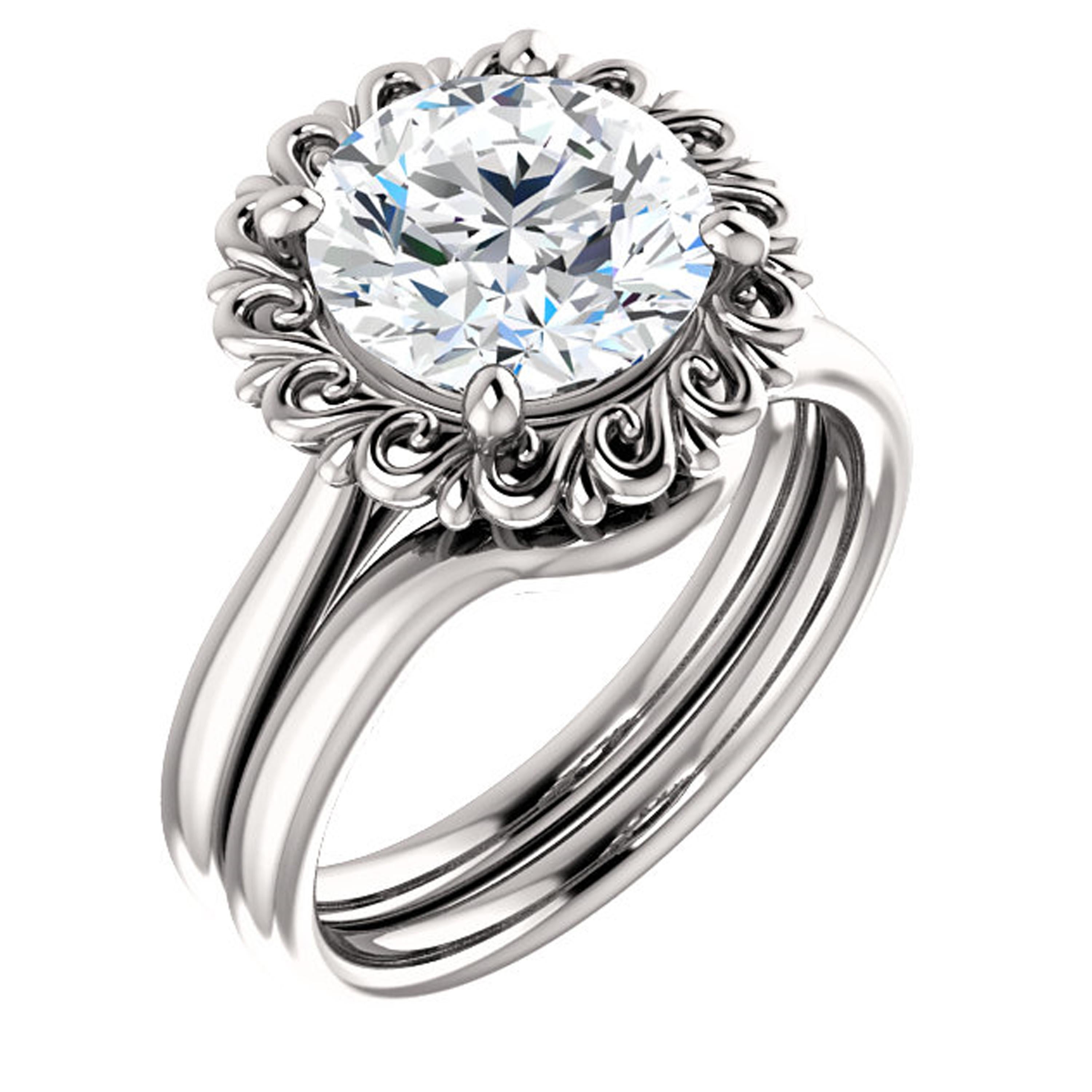 Adorable filigrees decorate the halo of this vintage inspired solitaire style diamond engagement ring. Breathtakingly beautiful, this Valorenna engagement ring is truly one of a kind.

Matching band sold separately.

Center Stone:
1 Round-cut