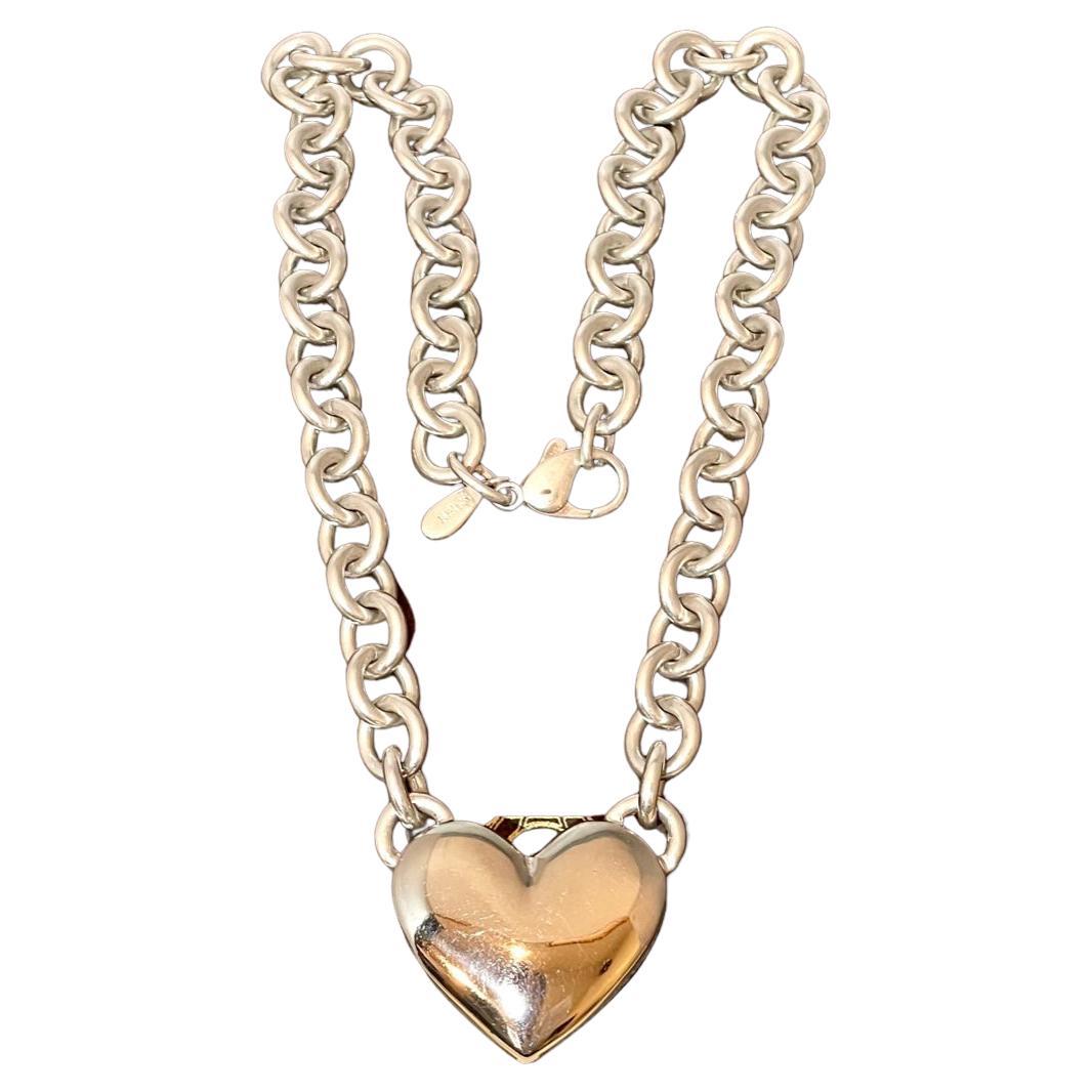 Solitaire Heart Sterling Silver Link Necklace 128 Gm 18 " Long By Designer Birks For Sale