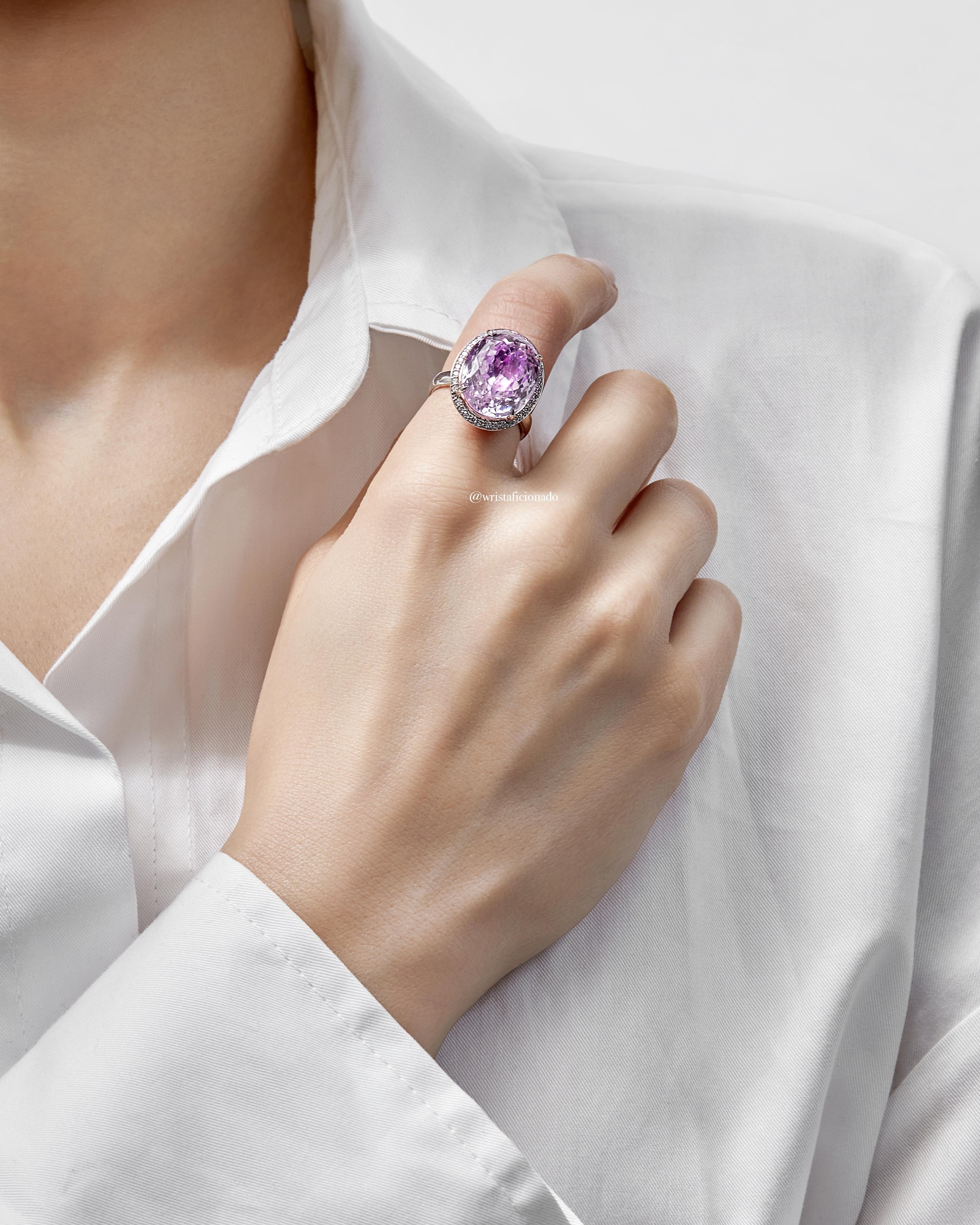 Art Nouveau Solitaire Kunzite Diamond Halo Ring For Sale