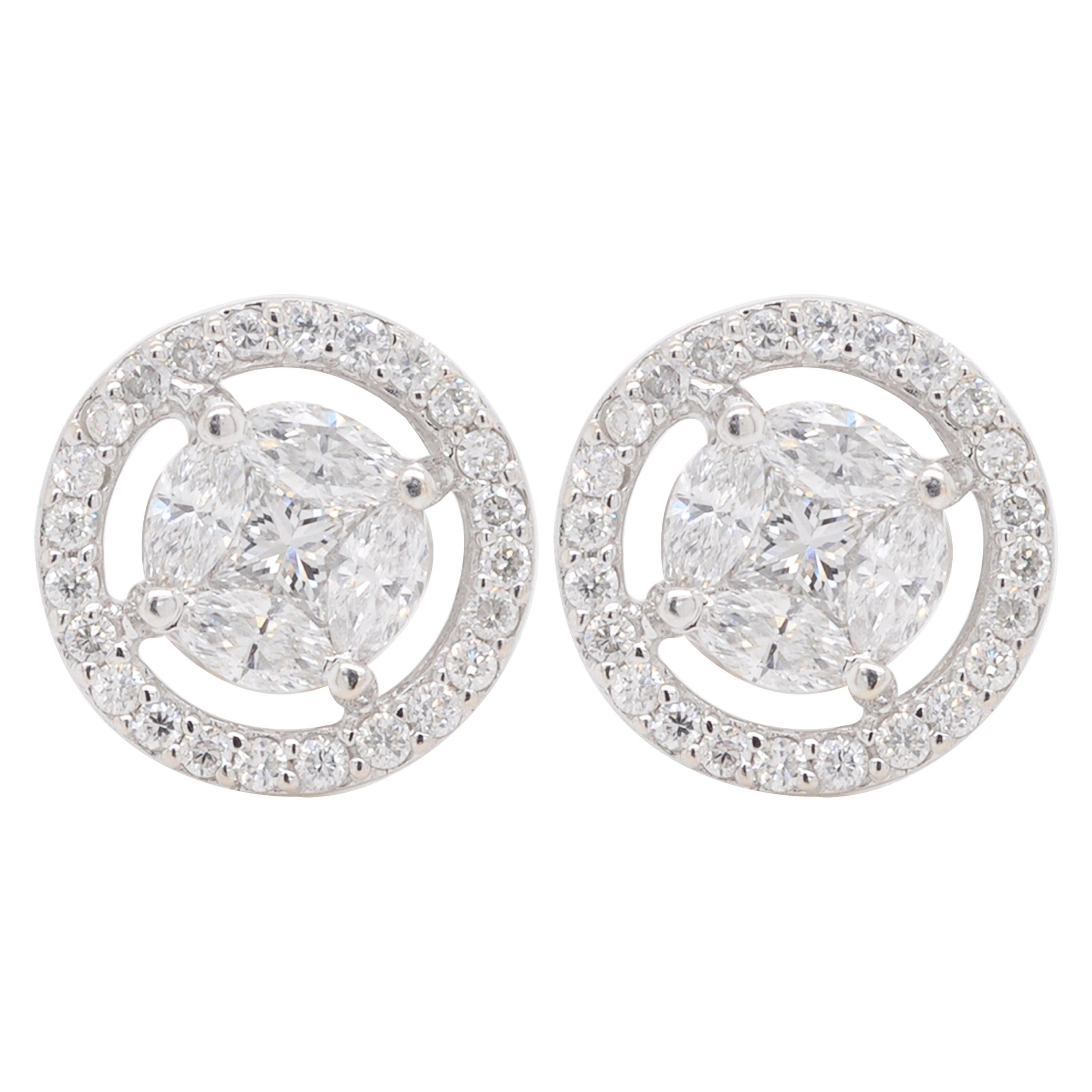 Solitaire Look Pressure Set Diamond Stud Earrings 18 Karat White Gold