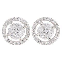 Solitaire Look Pressure Set Diamond Stud Earrings 18 Karat White Gold