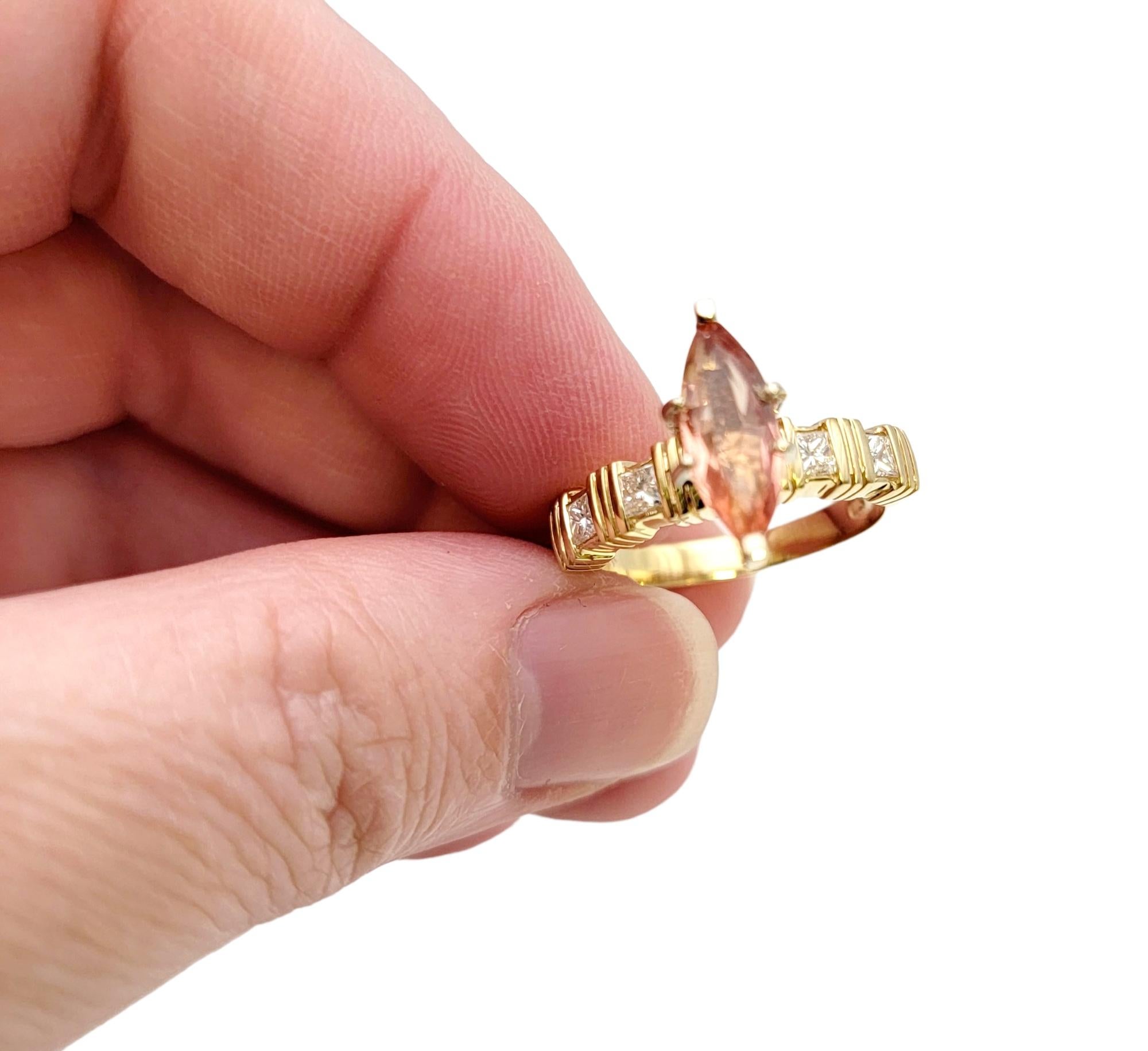 Solitaire Marquis Cut Orange Tourmaline and Diamond Ring in 14 Karat Yellow Gold For Sale 3