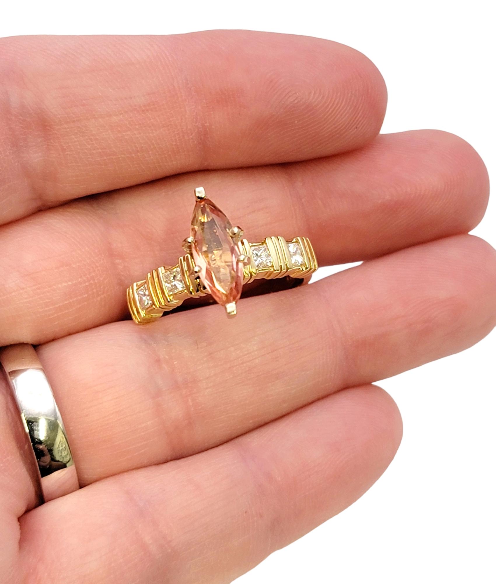 Solitaire Marquis Cut Orange Tourmaline and Diamond Ring in 14 Karat Yellow Gold For Sale 4