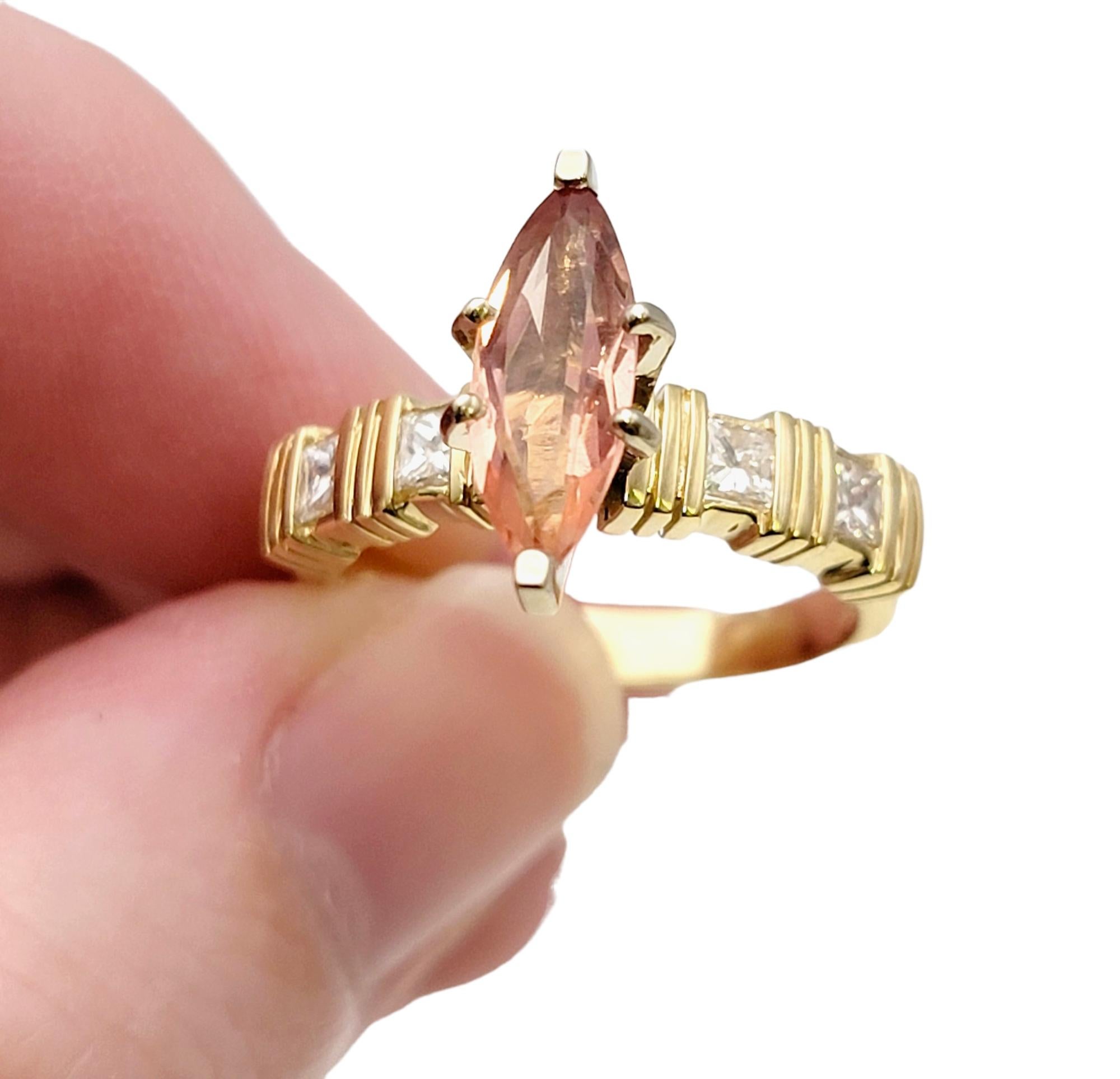Solitaire Marquis Cut Orange Tourmaline and Diamond Ring in 14 Karat Yellow Gold For Sale 5