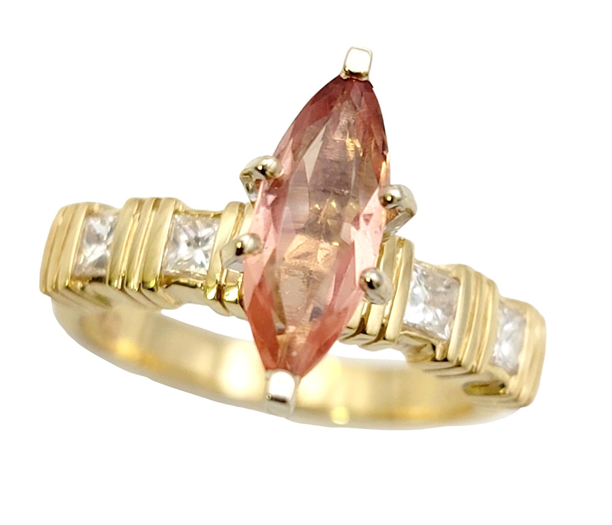 Ring size: 7

This understated yet elegant solitaire ring gives off a warm glow that will shine beautifully on the hand. The peachy orange tourmaline stone flatters and elongates the finger while the sparkling diamonds shine against the warm yellow