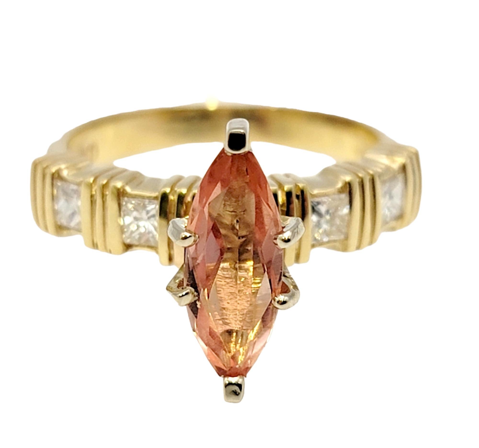 Contemporary Solitaire Marquis Cut Orange Tourmaline and Diamond Ring in 14 Karat Yellow Gold For Sale