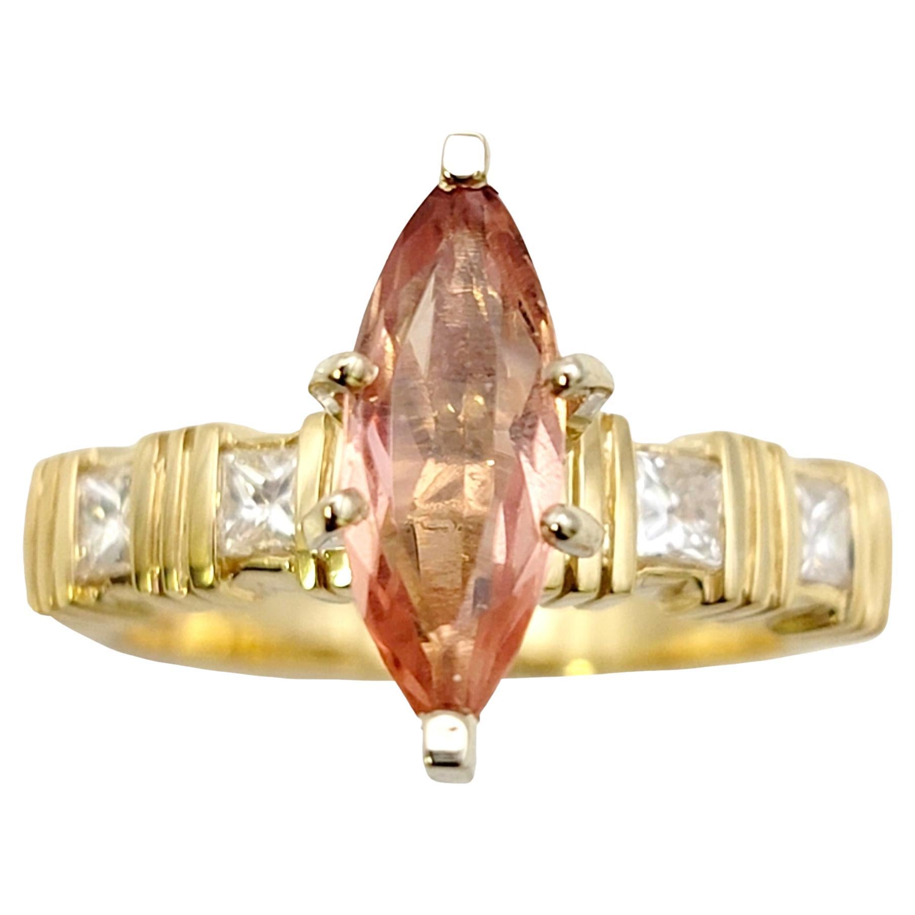 Solitaire Marquis Cut Orange Tourmaline and Diamond Ring in 14 Karat Yellow Gold For Sale