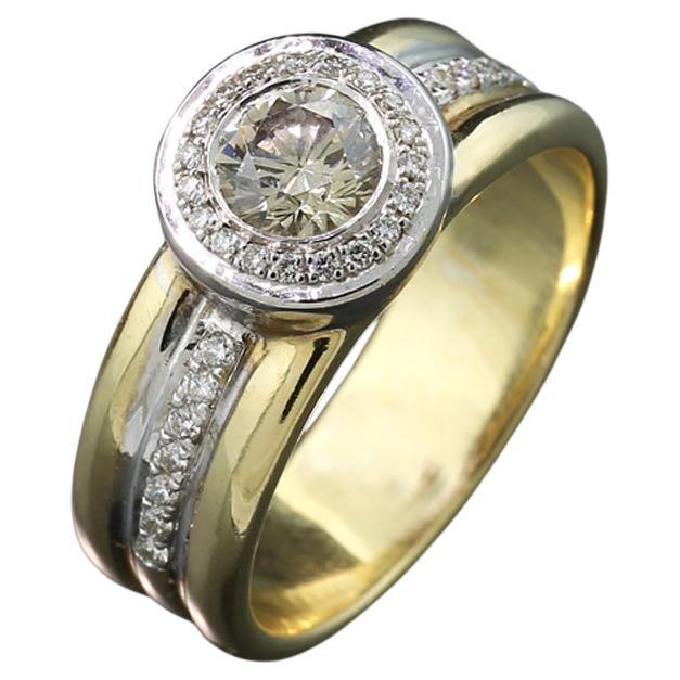 Solitaire natural brilliant cut Diamond Ring 14Kt Gold bicolor Band Ring Unisex For Sale