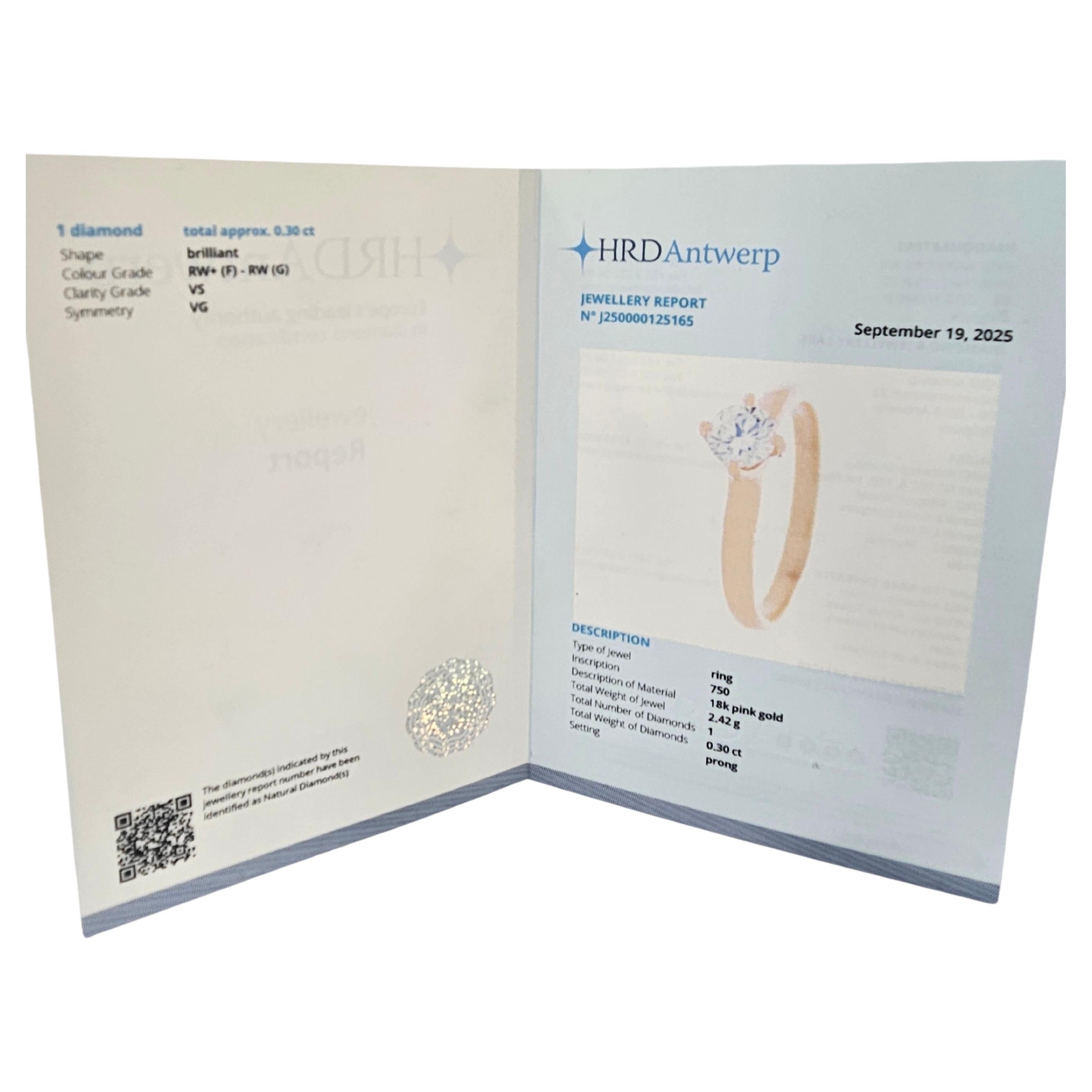 Solitär Naturdiamant 0,30 Karat Zertifiziert HRD Hand Made Rose Gold 18 Karat für Damen oder Herren im Angebot