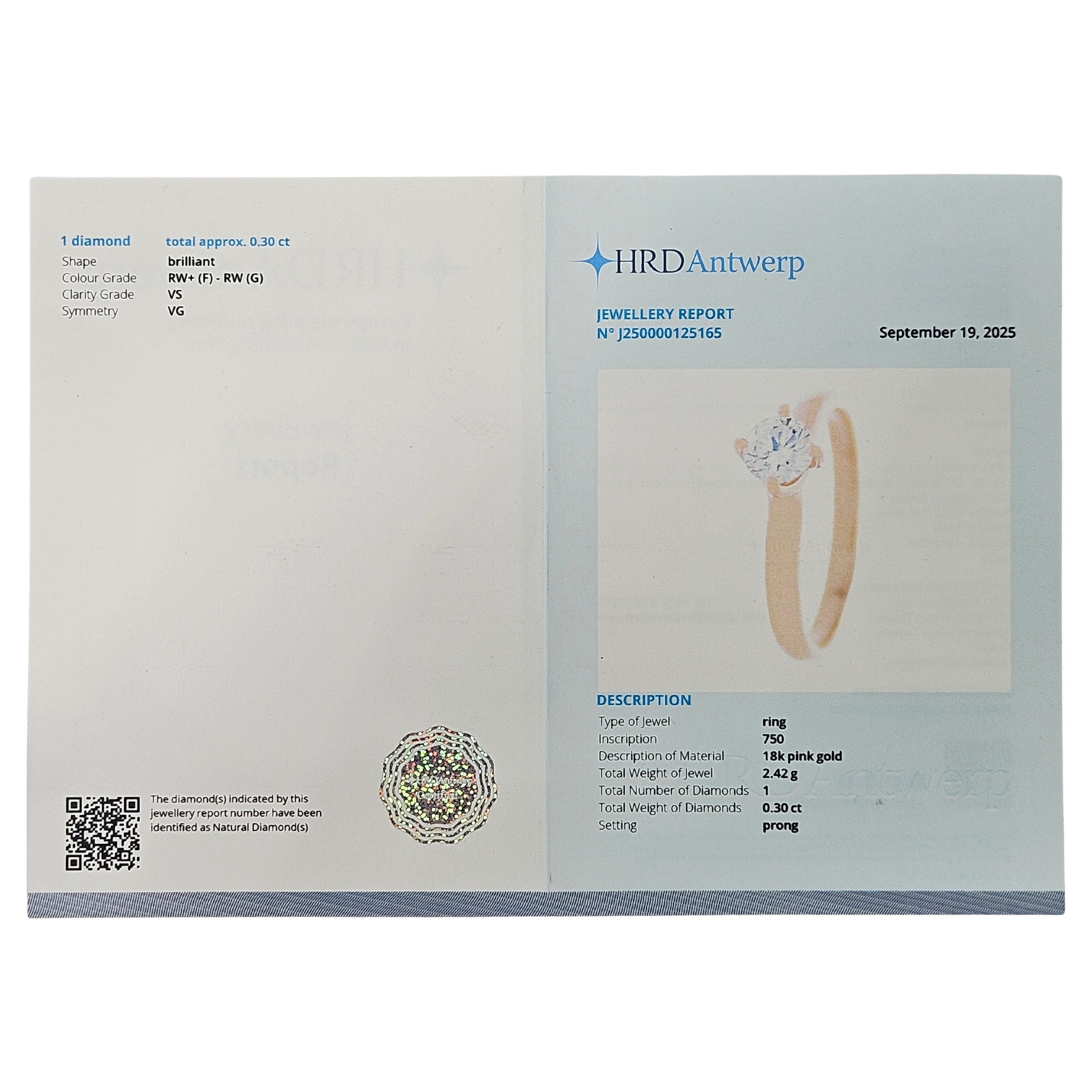 Solitär Naturdiamant 0,30 Karat Zertifiziert HRD Hand Made Rose Gold 18 Karat im Angebot 1