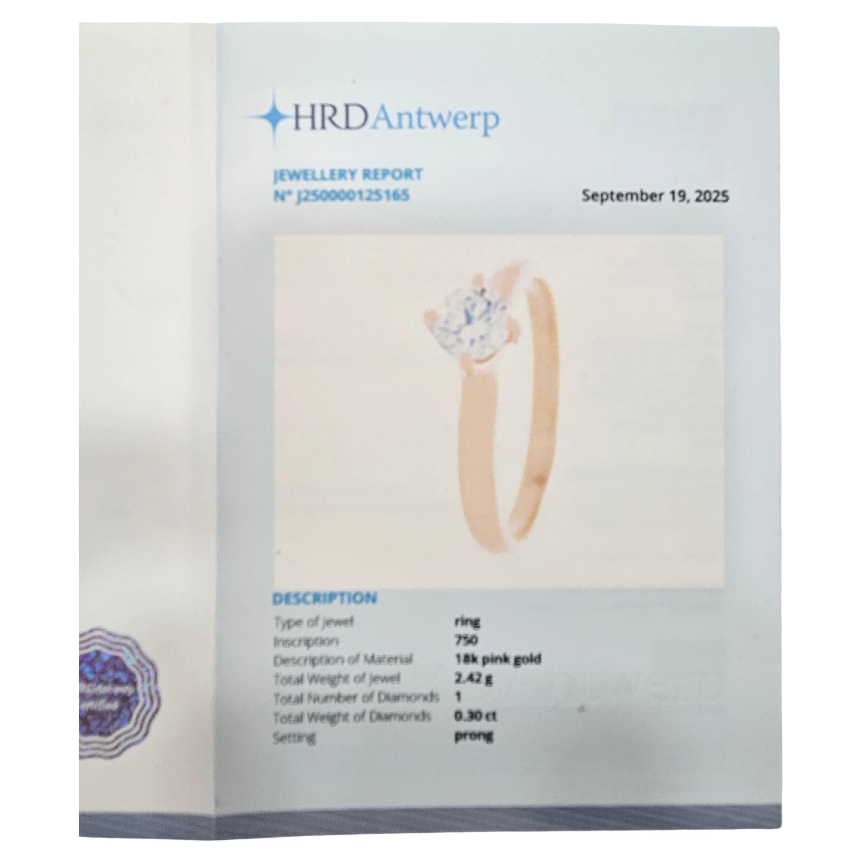 Solitär Naturdiamant 0,30 Karat Zertifiziert HRD Hand Made Rose Gold 18 Karat im Angebot 2