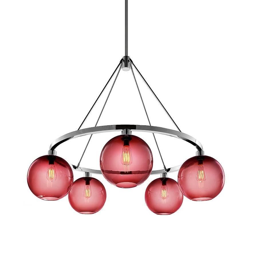 Contemporary Solitaire Opaline Handblown Modern Glass Polished Aluminum Chandelier For Sale