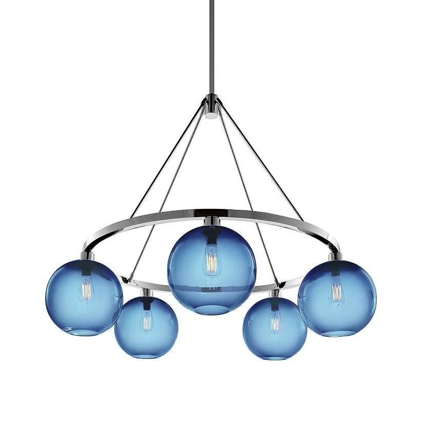 Solitaire Opaline Handblown Modern Glass Polished Aluminum Chandelier For Sale 1