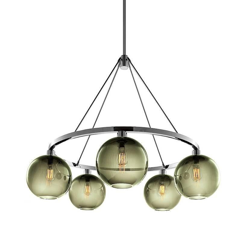 Solitaire Opaline Handblown Modern Glass Polished Aluminum Chandelier For Sale 2