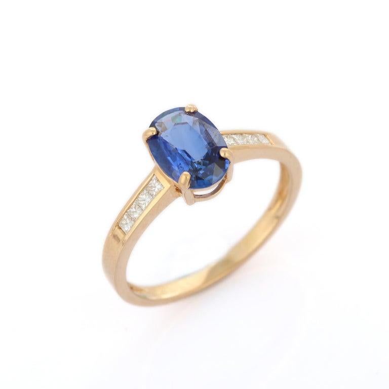 En vente :  Bague de fiançailles solitaire en or jaune massif 14 carats avec saphir bleu ovale et diamant 9