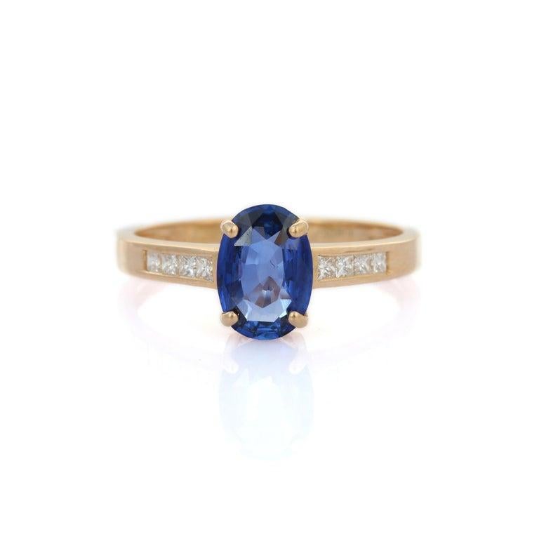 En vente :  Bague de fiançailles solitaire en or jaune massif 14 carats avec saphir bleu ovale et diamant 8