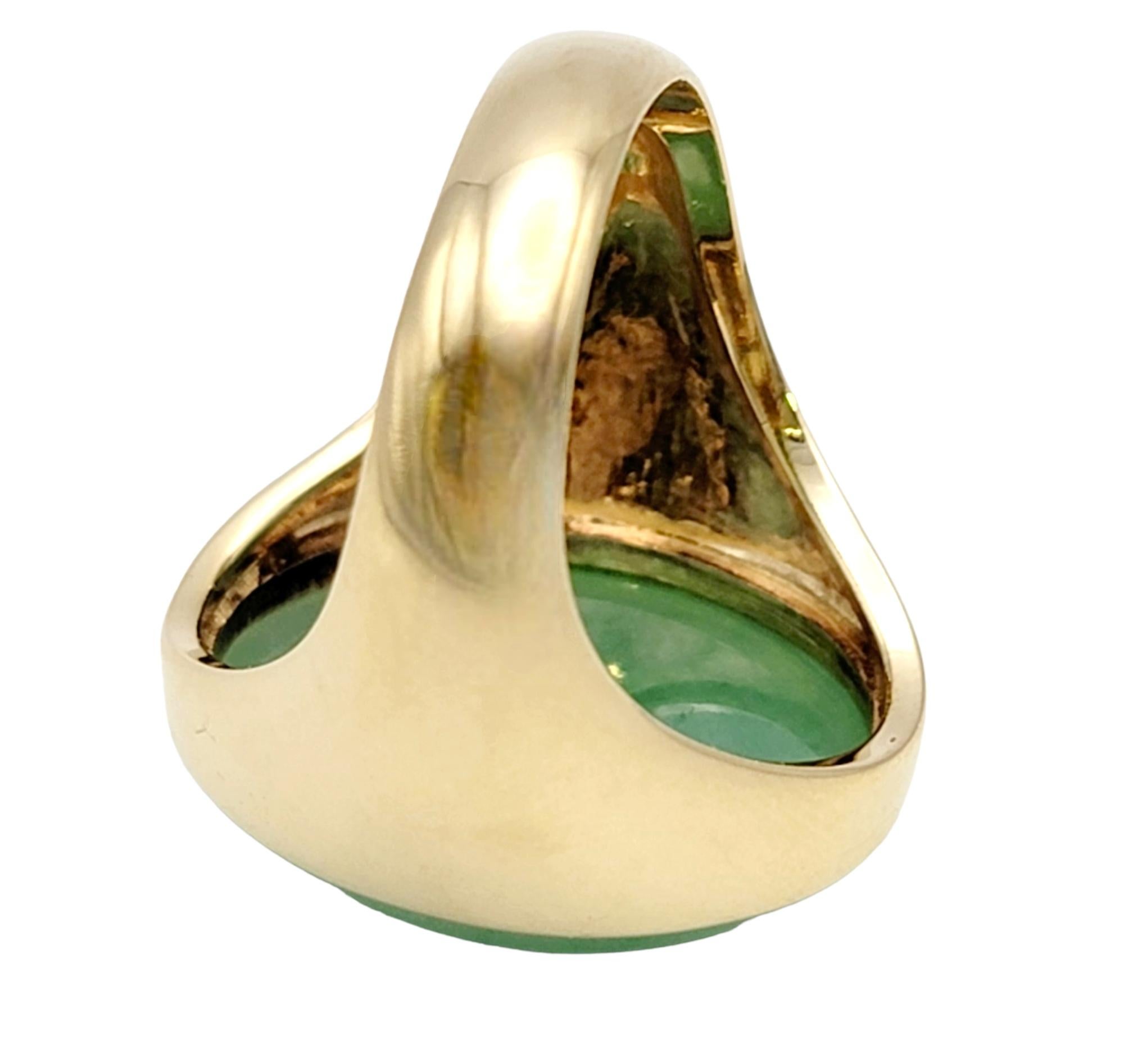 Solitaire Oval Cabochon Light Green Jadeite Ring in 14 Karat Yellow Gold Unisex For Sale 2