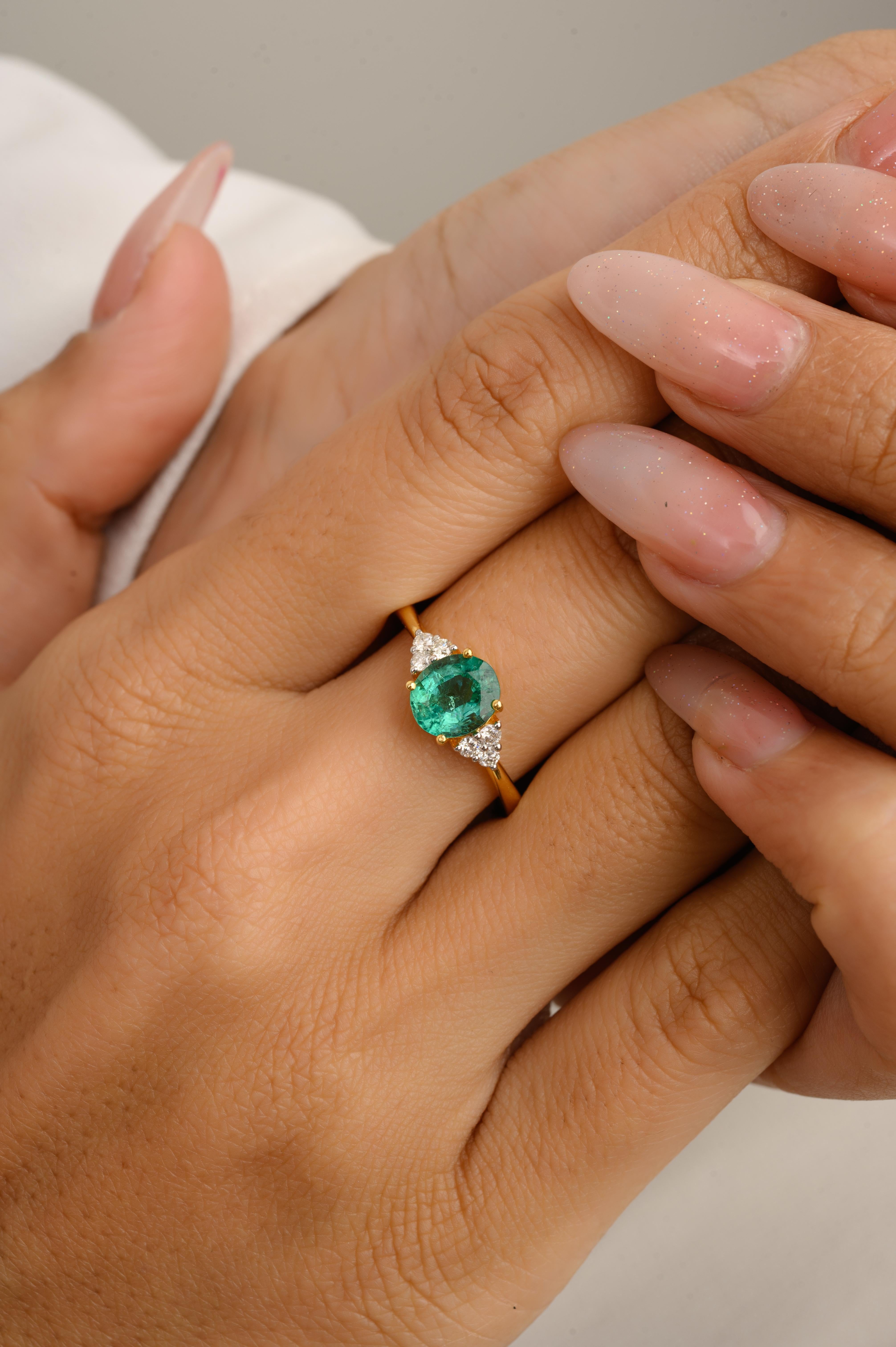 En vente :  Anneau de mariage solitaire en or jaune massif 14k avec émeraude ovale et diamant 2