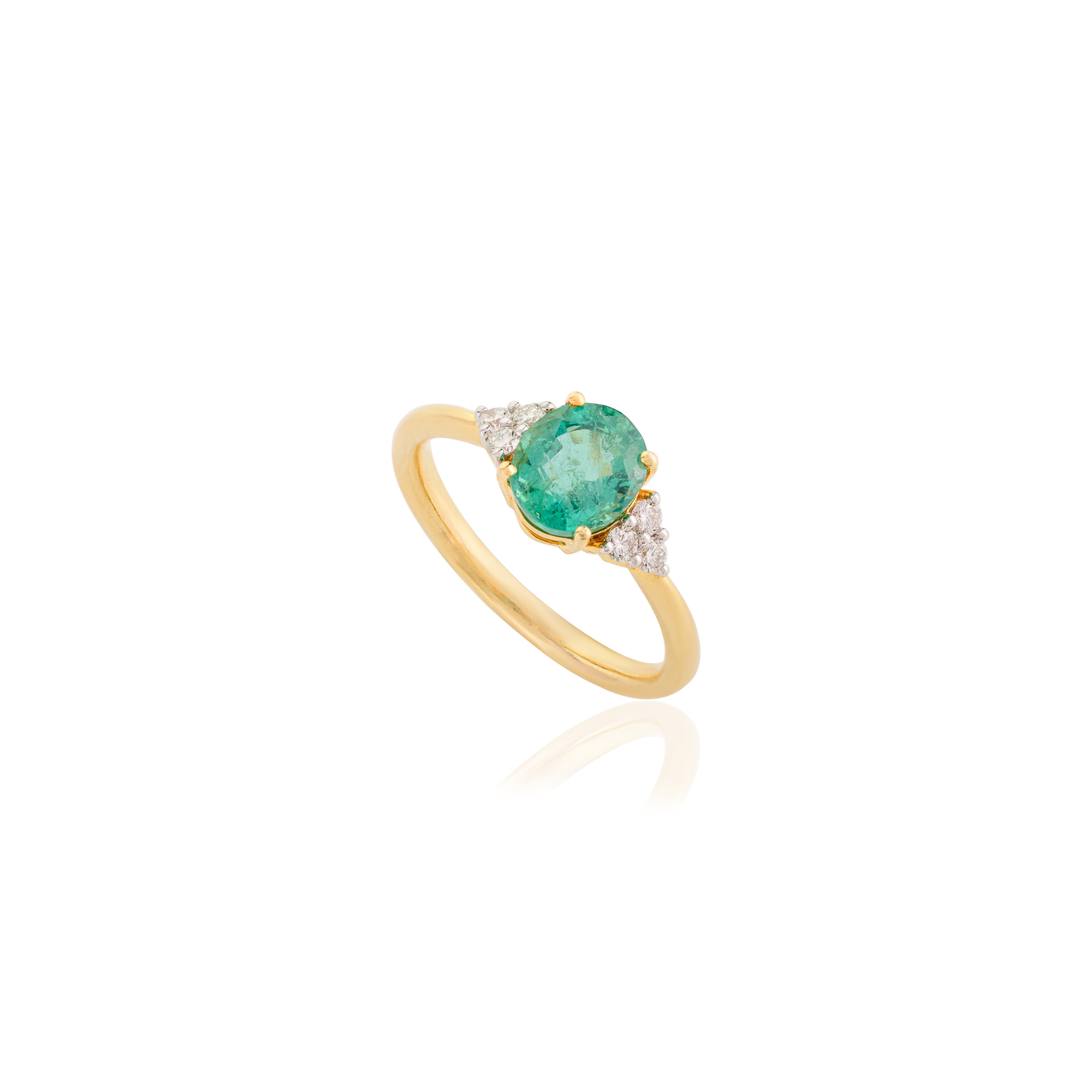 En vente :  Anneau de mariage solitaire en or jaune massif 14k avec émeraude ovale et diamant 3