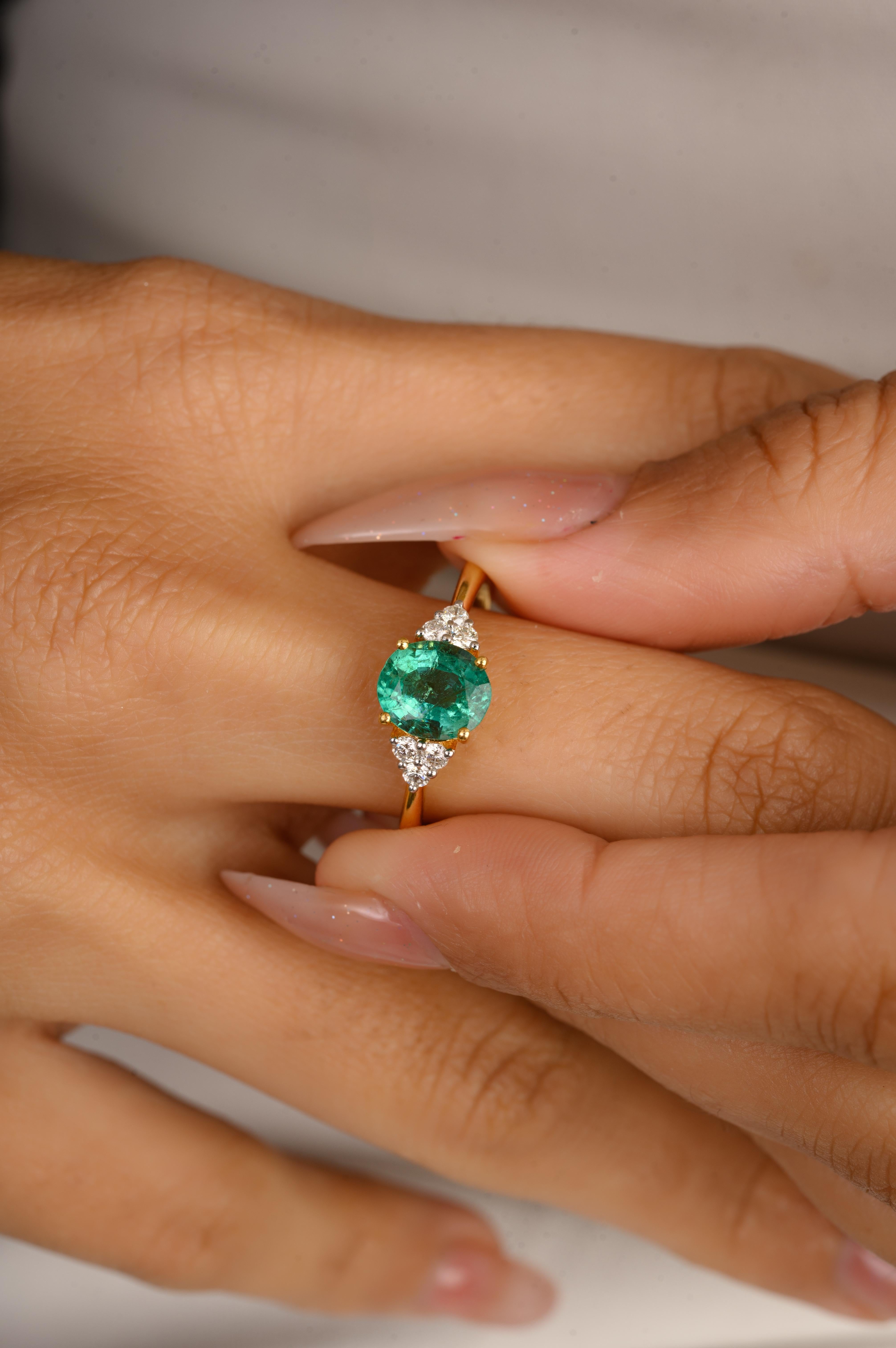 En vente :  Anneau de mariage solitaire en or jaune massif 14k avec émeraude ovale et diamant 4