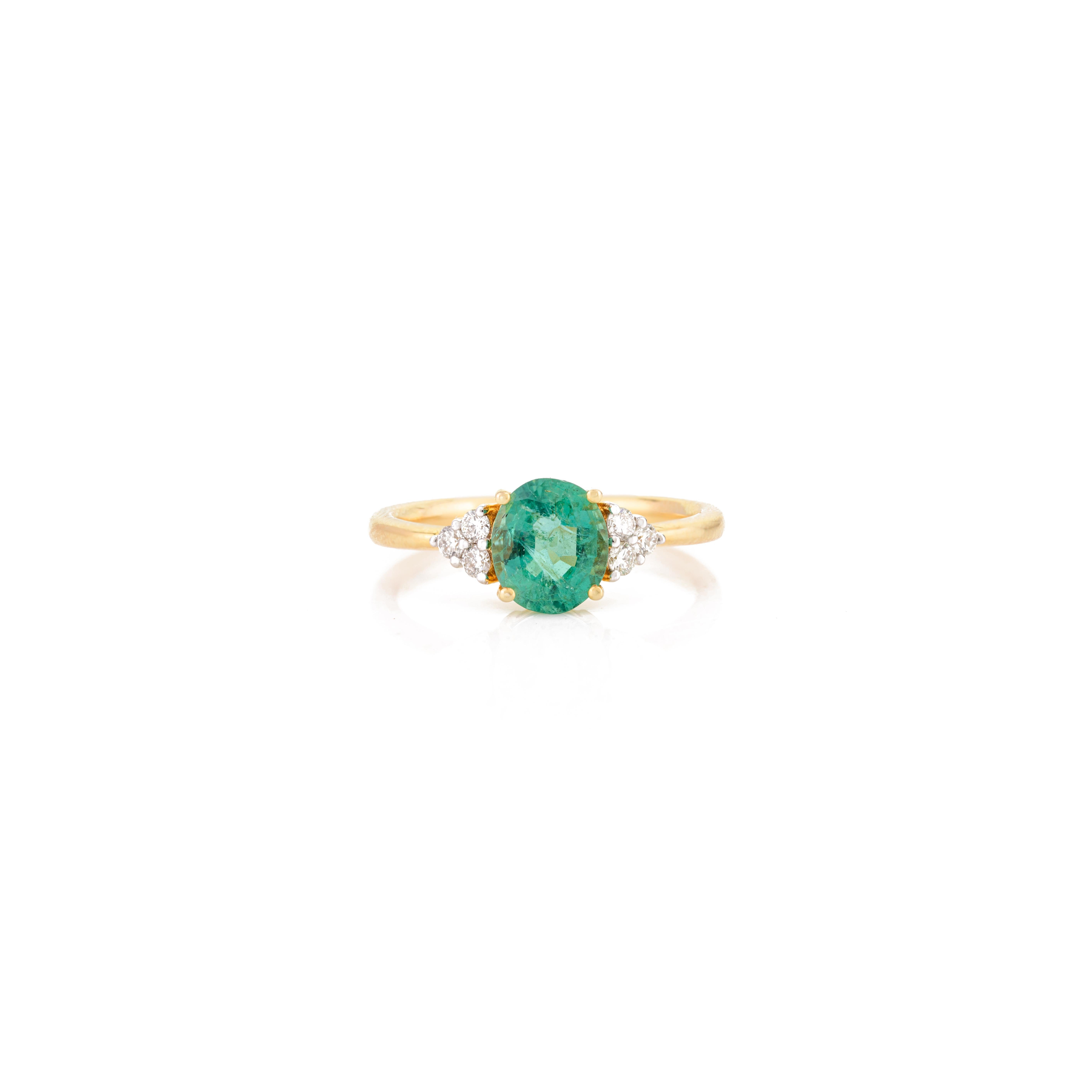En vente :  Anneau de mariage solitaire en or jaune massif 14k avec émeraude ovale et diamant 5