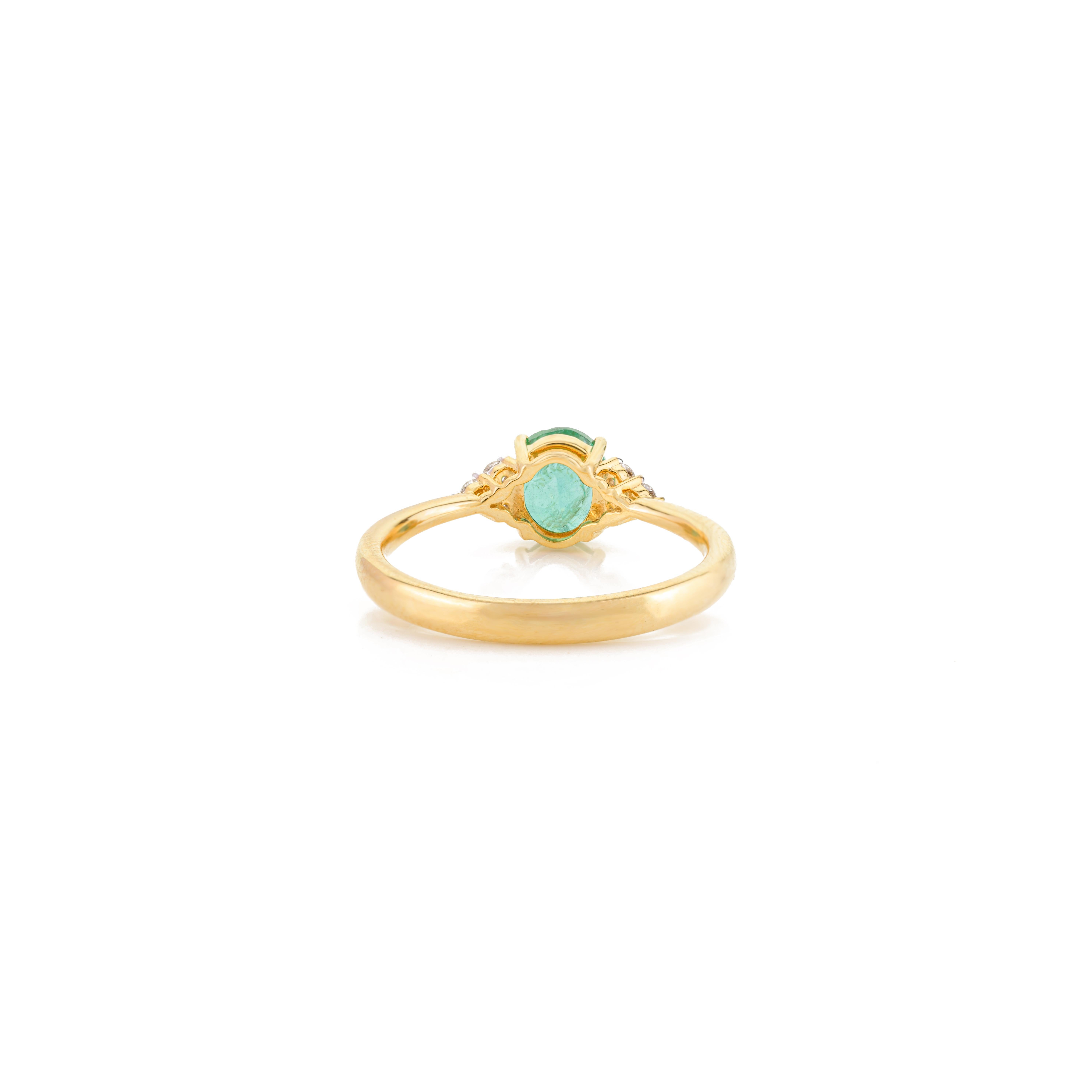 En vente :  Anneau de mariage solitaire en or jaune massif 14k avec émeraude ovale et diamant 7