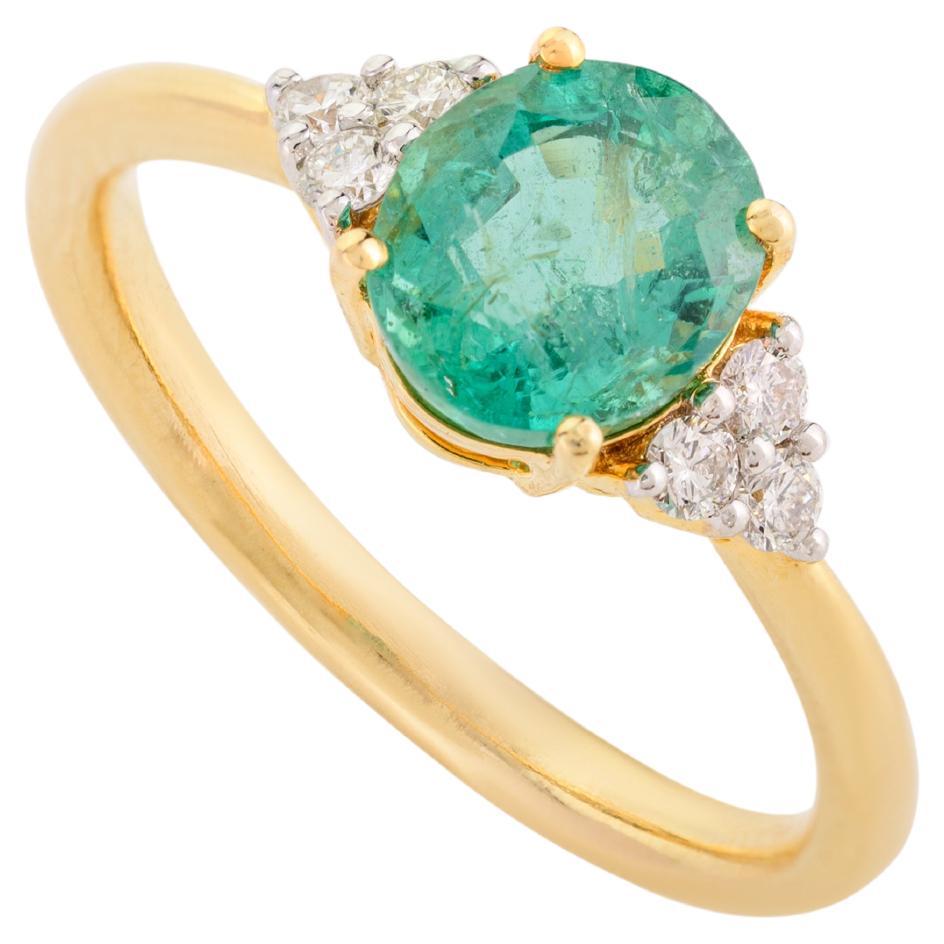 Solitaire Oval Emerald and Diamond Wedding Ring in 14k Solid Yellow Gold