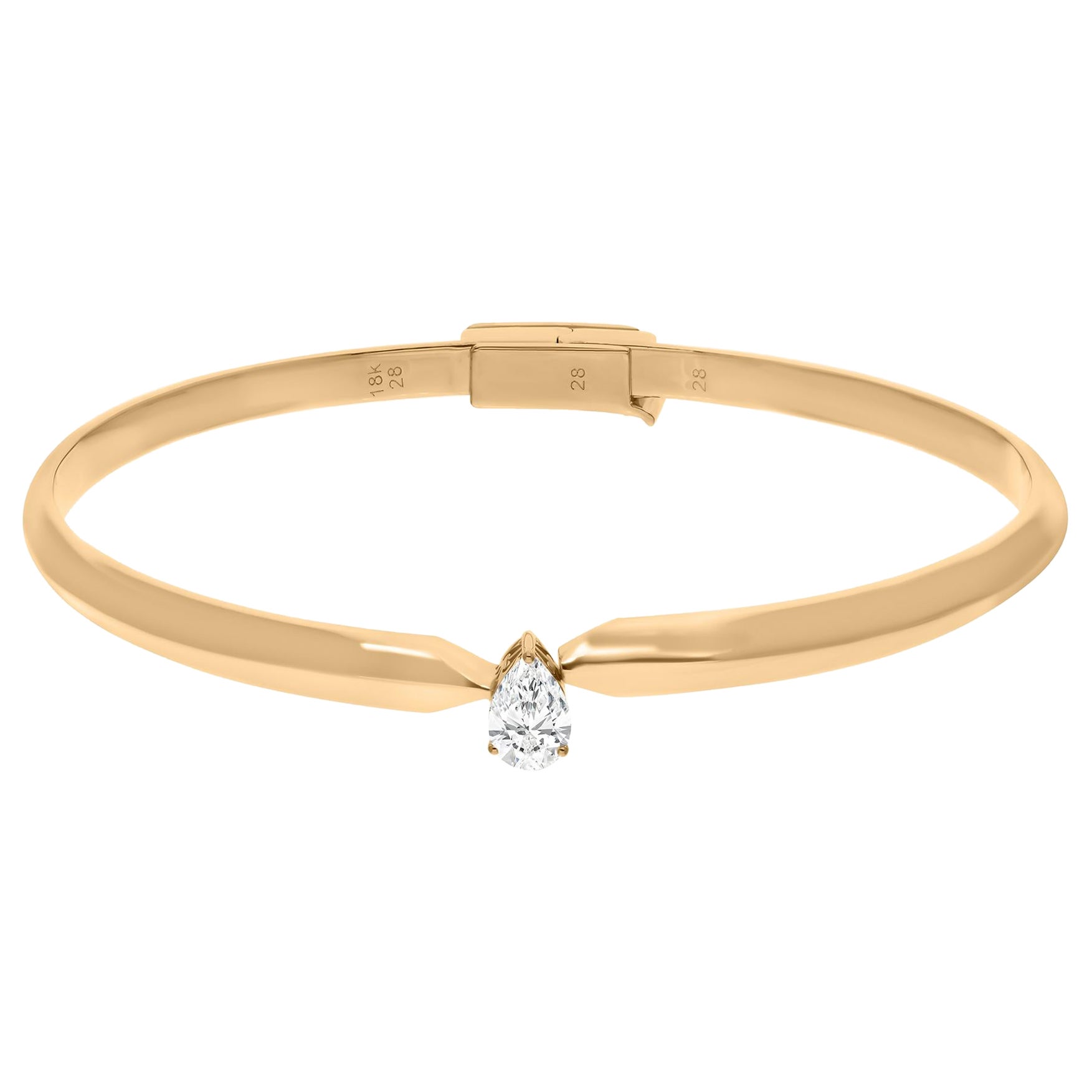 Modern Solitaire Pear Cut 0.51Ct Certified Diamond Cuff Bracelet 14k Yellow Gold For Sale
