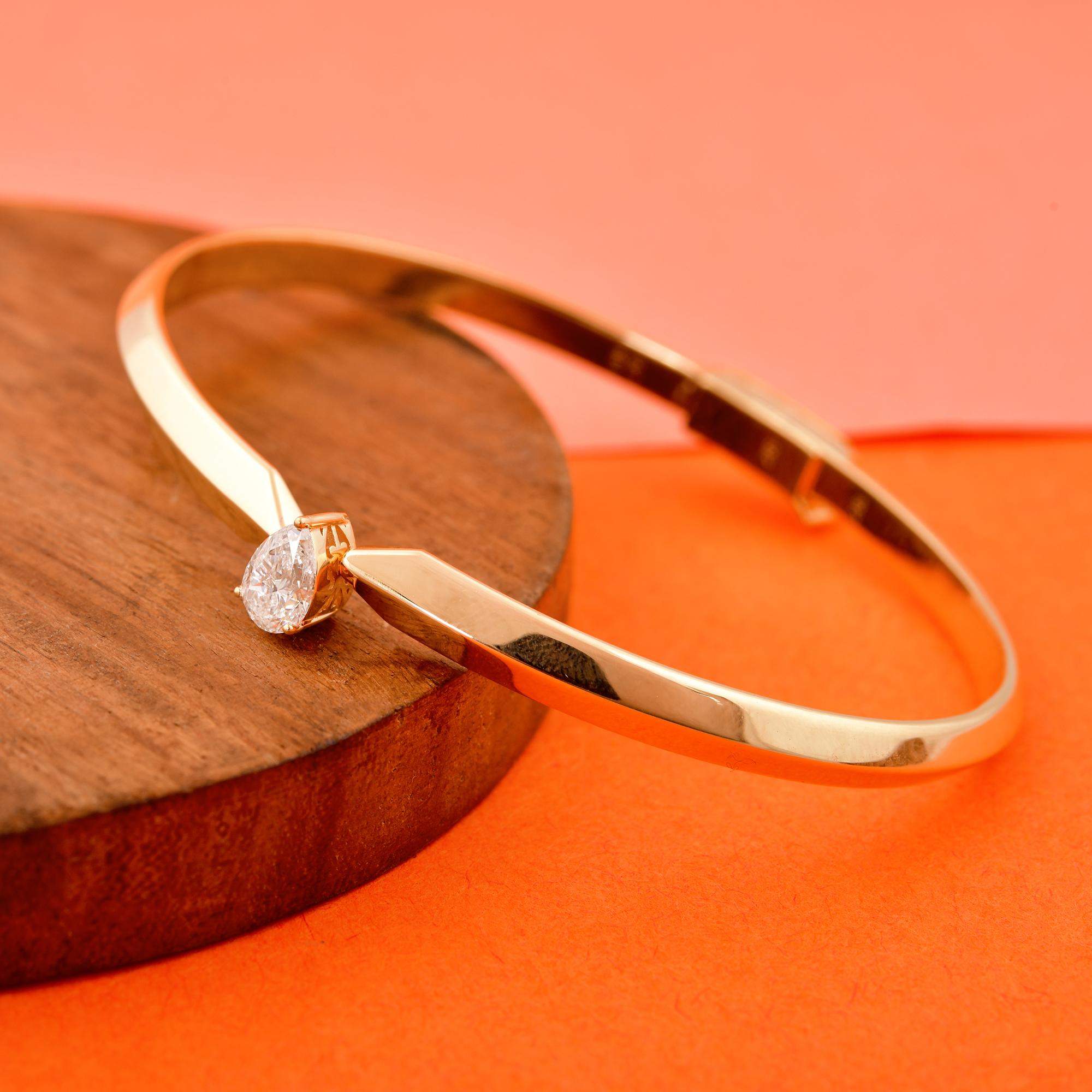 Solitaire Pear Cut 0.51Ct Certified Diamond Cuff Bracelet 14k Yellow Gold For Sale 1