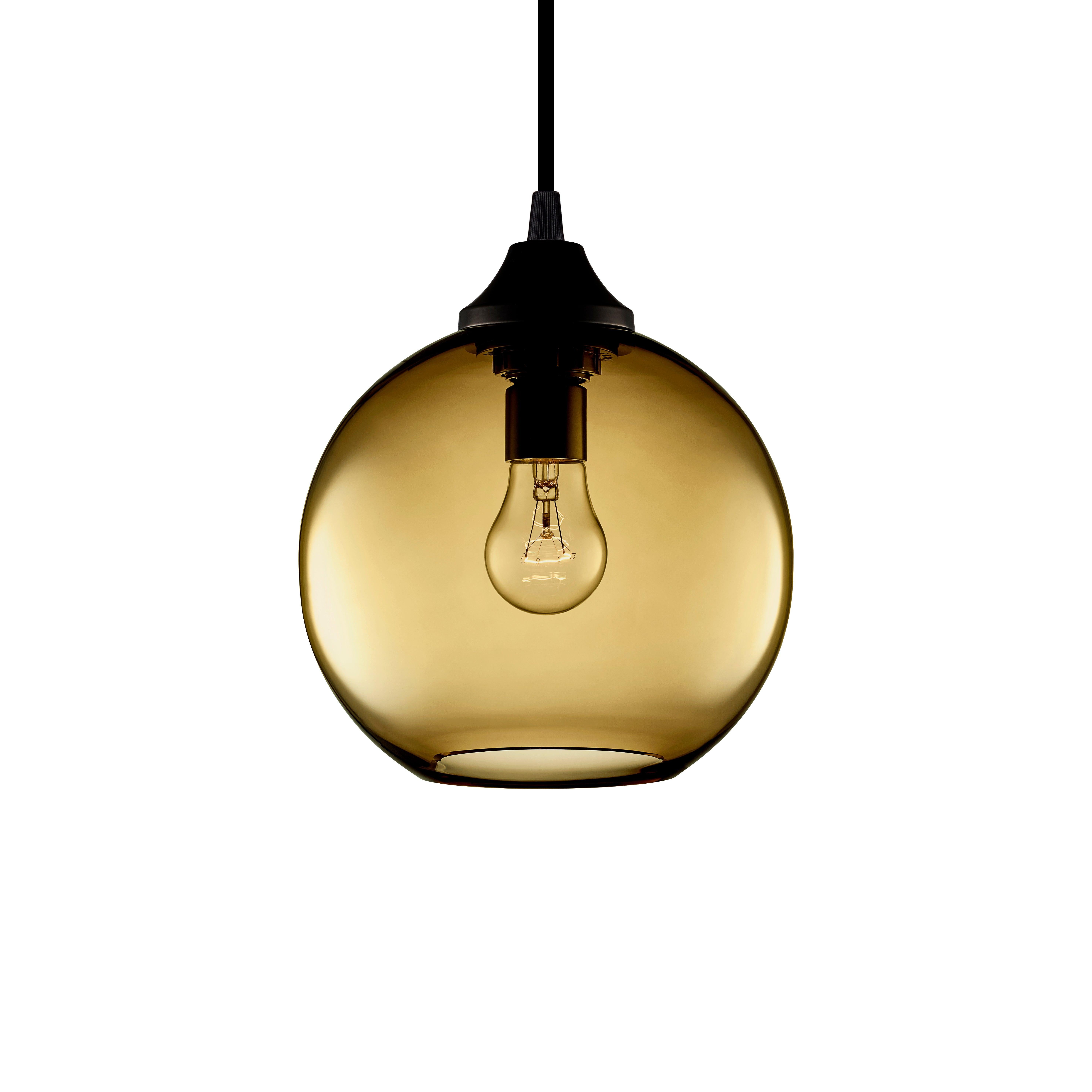 Contemporary Solitaire Petite Amber Handblown Modern Glass Pendant Light, Made in the USA For Sale