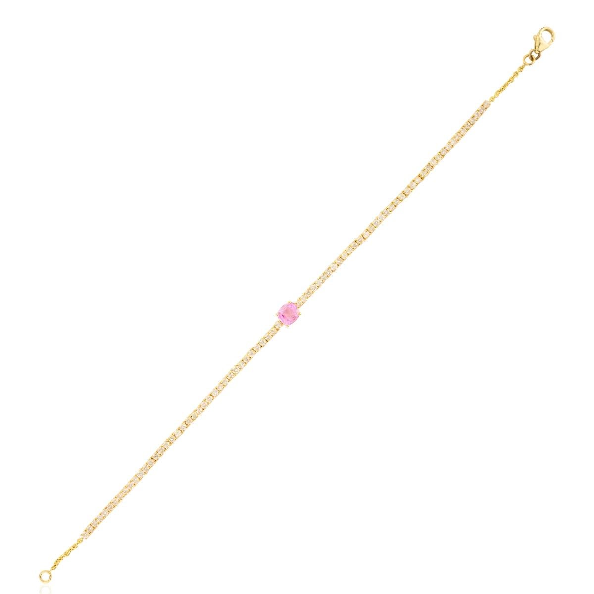 Art Deco Solitaire Pink Sapphire and Diamond 14k Yellow Gold Tennis Bracelet Gift for Mom For Sale