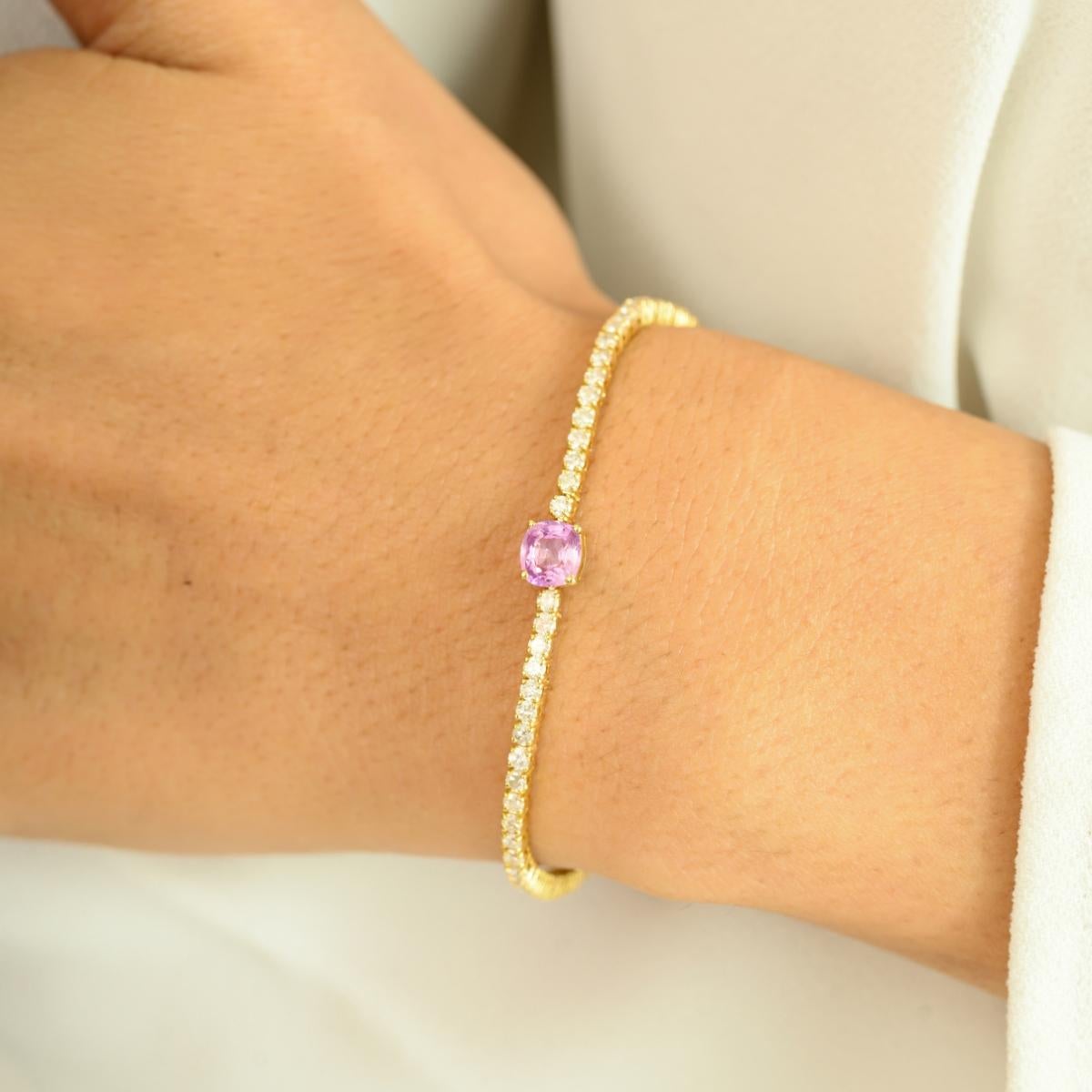 Cushion Cut Solitaire Pink Sapphire and Diamond 14k Yellow Gold Tennis Bracelet Gift for Mom For Sale