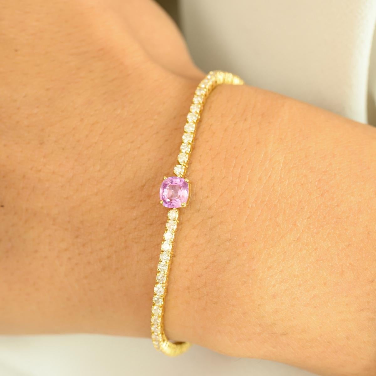 Women's Solitaire Pink Sapphire and Diamond 14k Yellow Gold Tennis Bracelet Gift for Mom For Sale