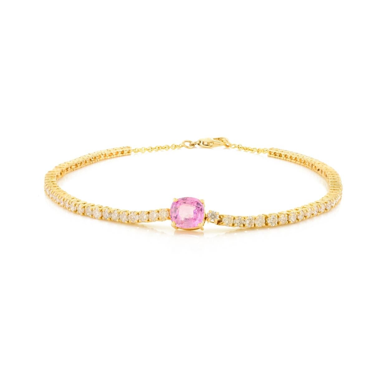 Solitaire Pink Sapphire and Diamond 14k Yellow Gold Tennis Bracelet Gift for Mom For Sale 1