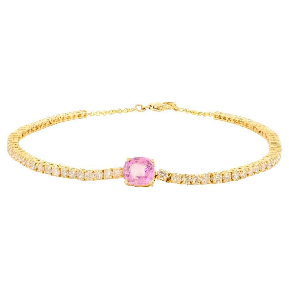 Zafiro rosa solitario y diamante Pulsera de tenis de oro amarillo de 14k Regalo para mamá