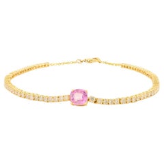 Zafiro rosa solitario y diamante Pulsera de tenis de oro amarillo de 14k Regalo para mamá