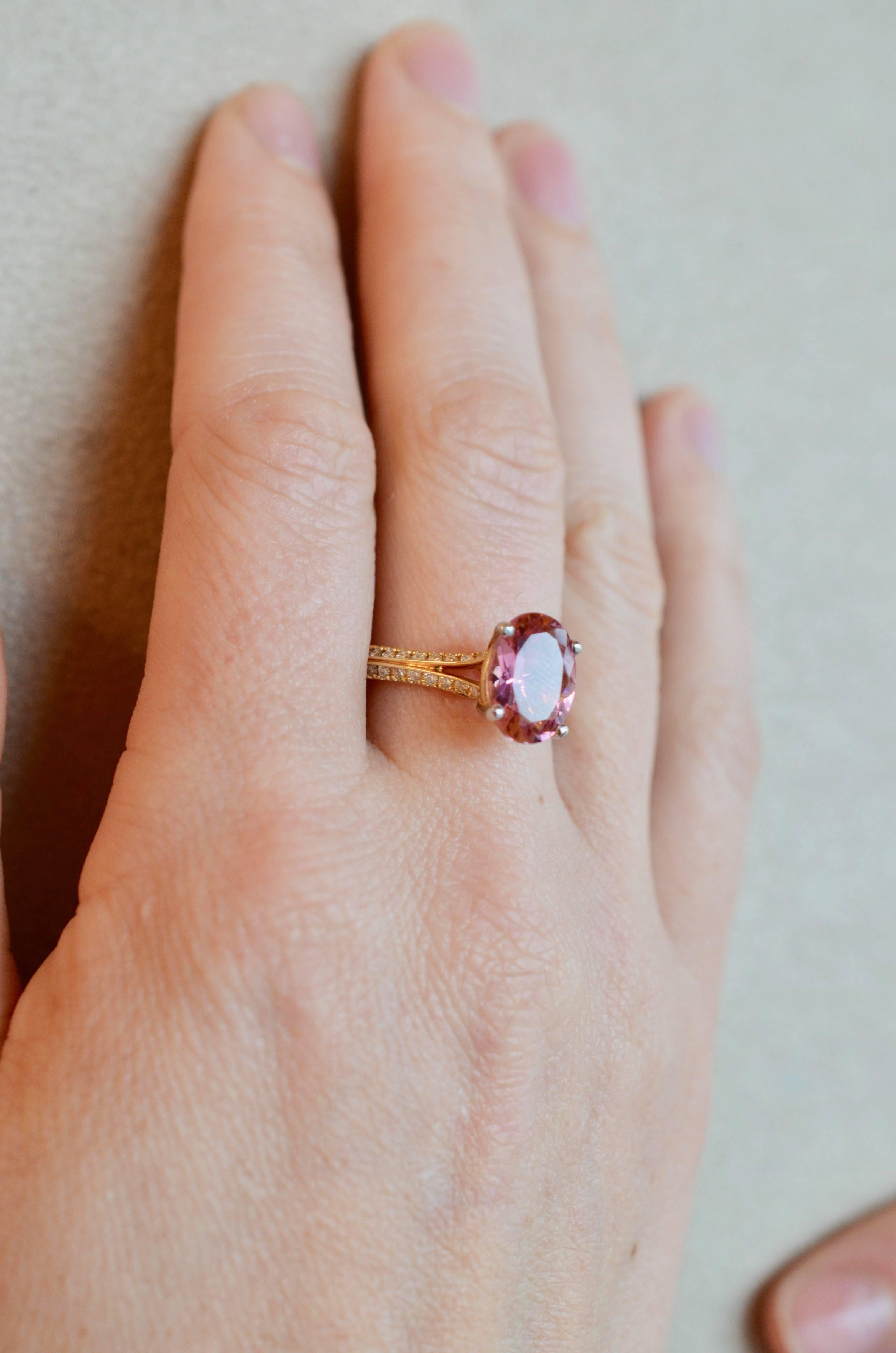 Solitaire Pink Tourmaline Diamond Yellow Gold Platinum Engagement Ring In New Condition In Berkeley, CA