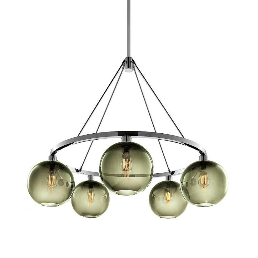 Contemporary Solitaire Plum Handblown Modern Glass Polished Nickel Chandelier Light For Sale