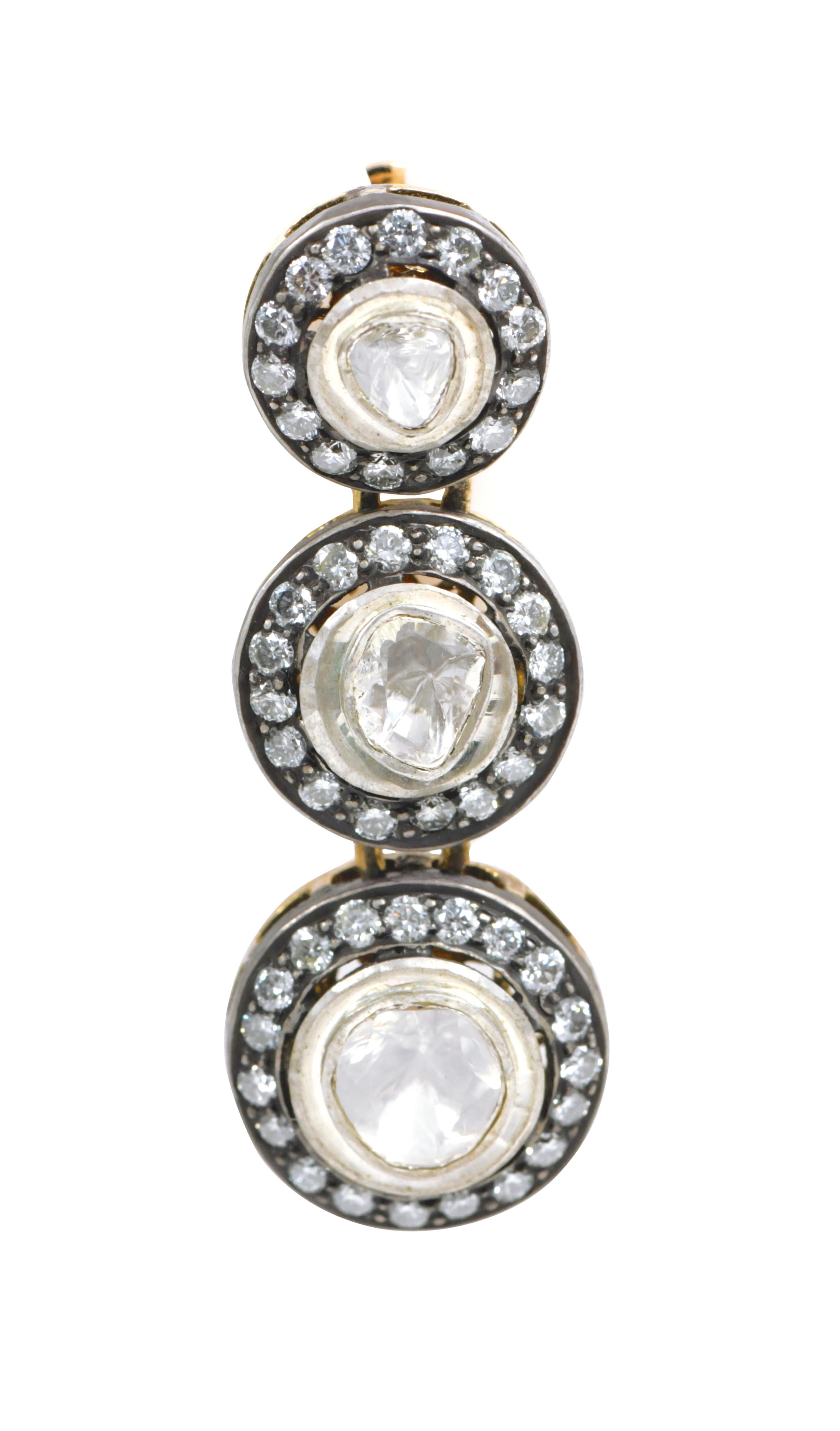 Uncut Solitaire Polki with Diamond Cluster Graduation Drop Earrings in Art-Deco Style For Sale