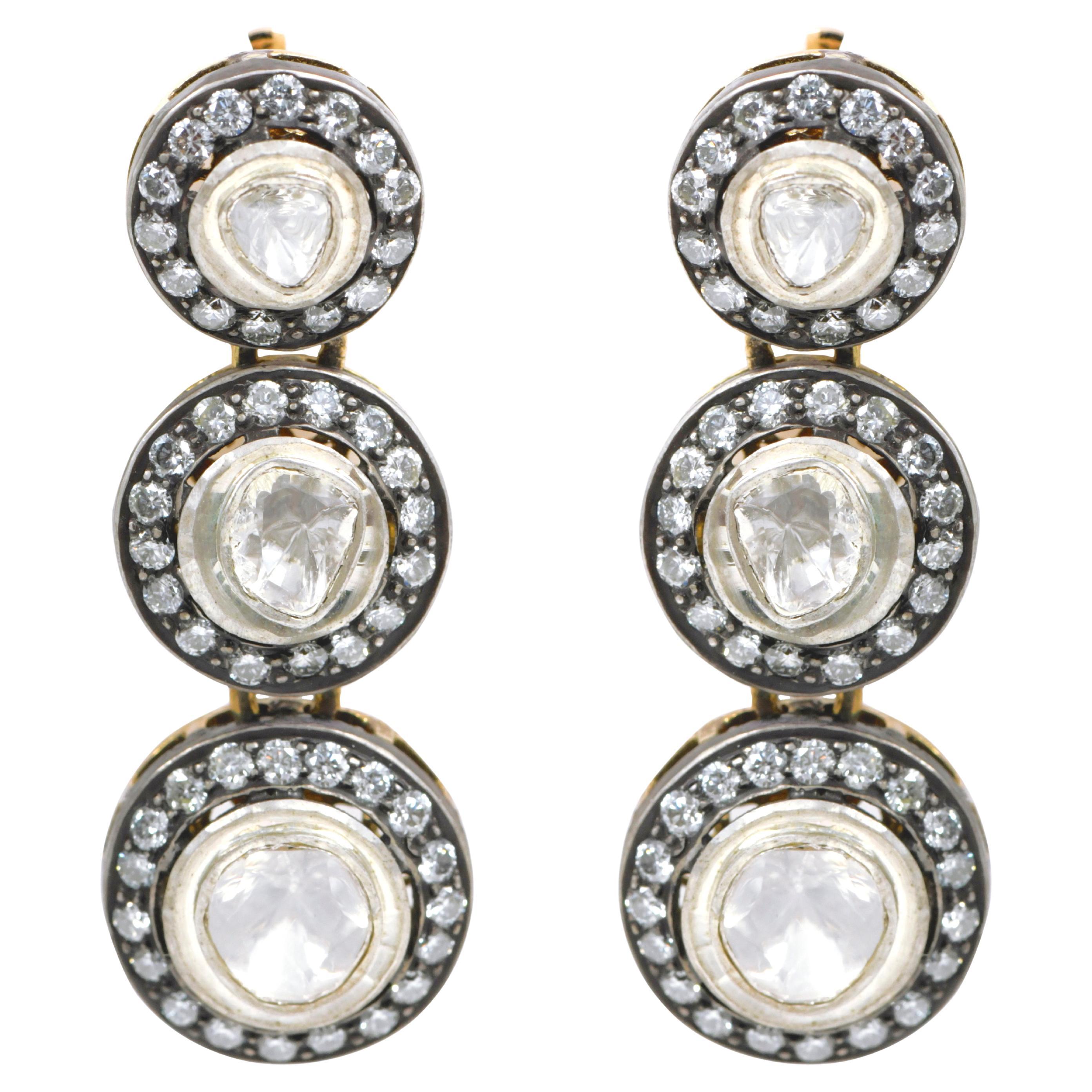 Solitaire Polki with Diamond Cluster Graduation Drop Earrings in Art-Deco Style