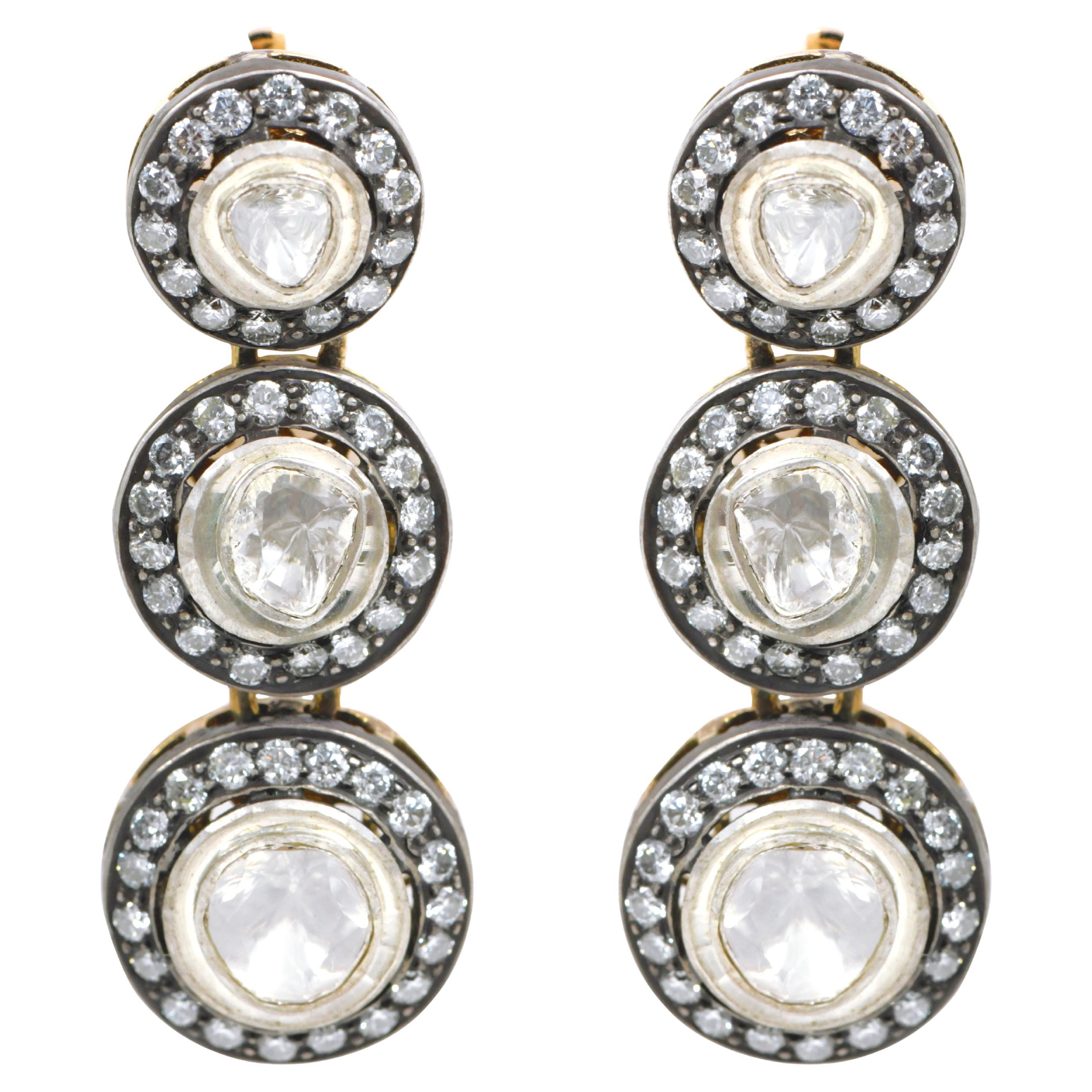 Solitaire Polki with Diamond Cluster Graduation Drop Earrings in Art-Deco Style For Sale