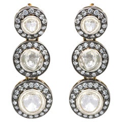 Solitaire Polki with Diamond Cluster Graduation Drop Earrings in Art-Deco Style