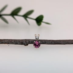 Solitaire Rhodolite Pendant w Rabbit Bail in Solid 14K White Gold  RD 5mm