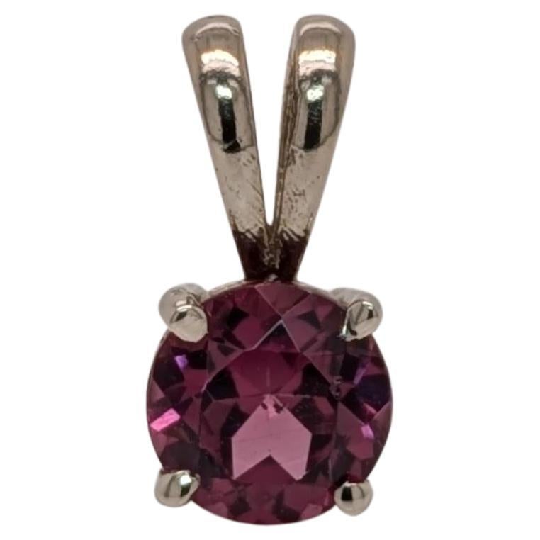 Solitaire Rhodolite Pendant w Rabbit Bail in Solid 14K White Gold  RD 5mm