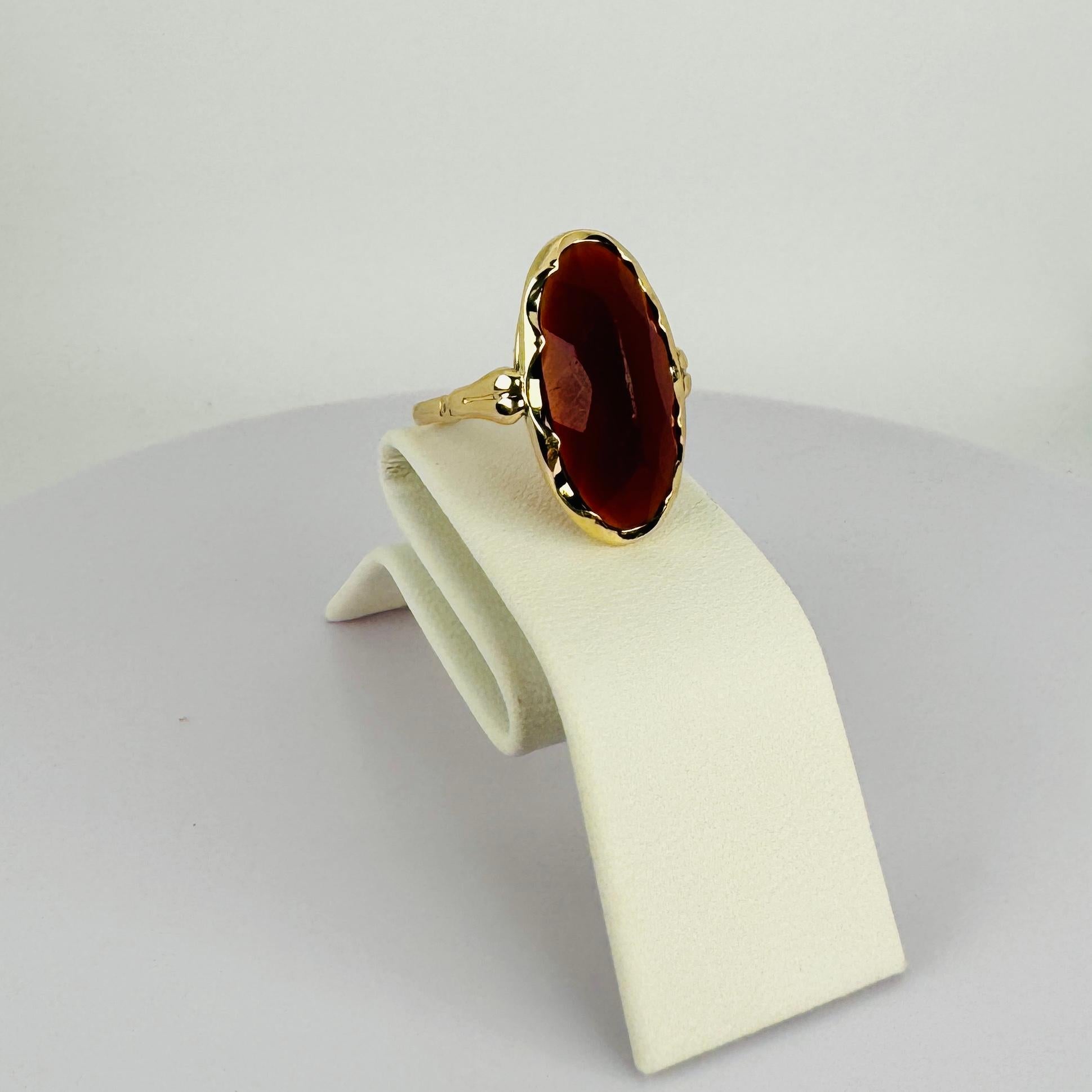 Bague solitaire en or jaune 14k avec cabochon de cornaline ovale facetté 8 carats en vente 7