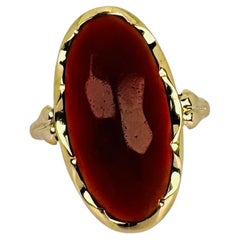 Solitaire Ring 14k Yellow Gold with Oval Carnelian Cabochon Facetted 8 carat