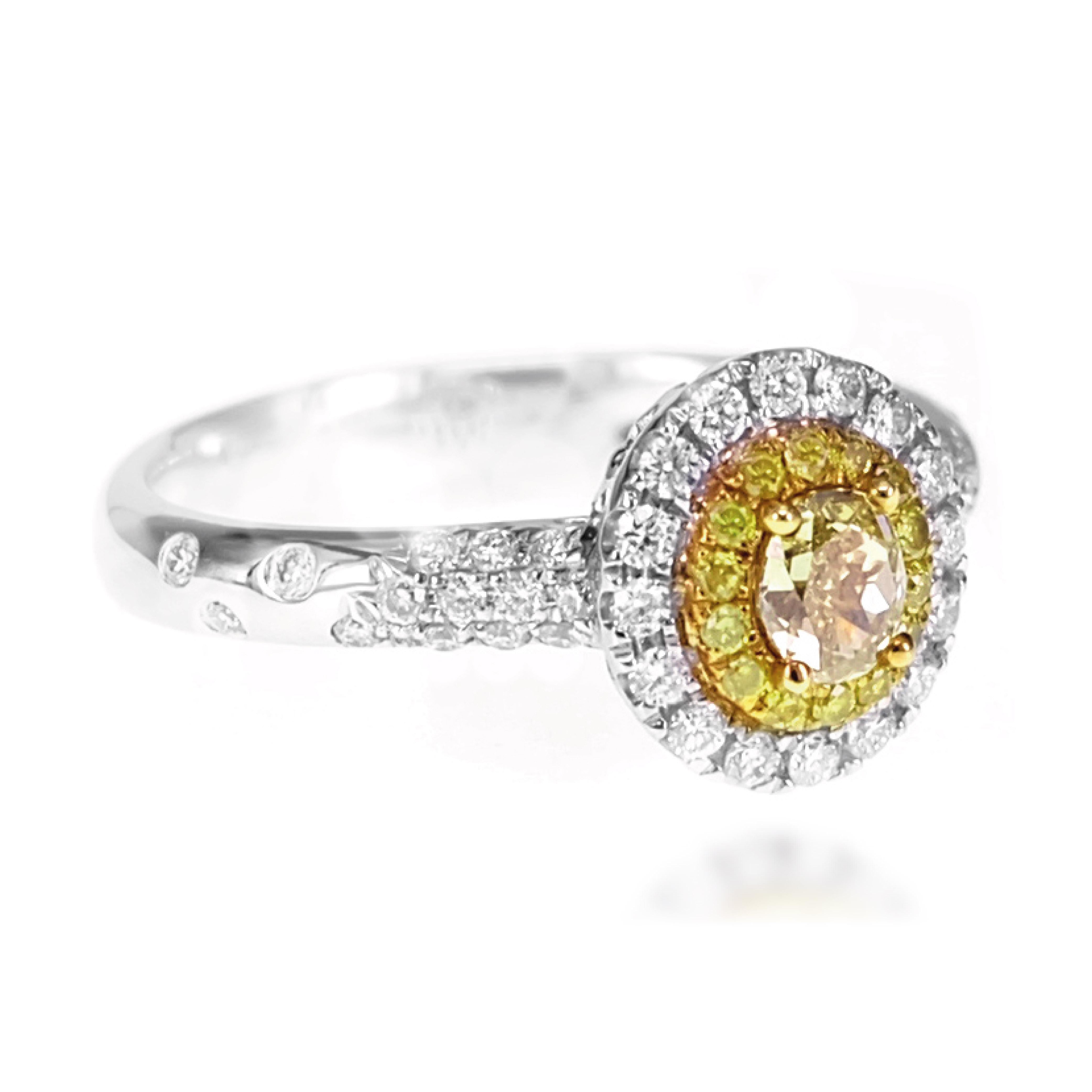 Art Nouveau Solitaire Ring Consisting Intense Yellow and White Diamond For Sale