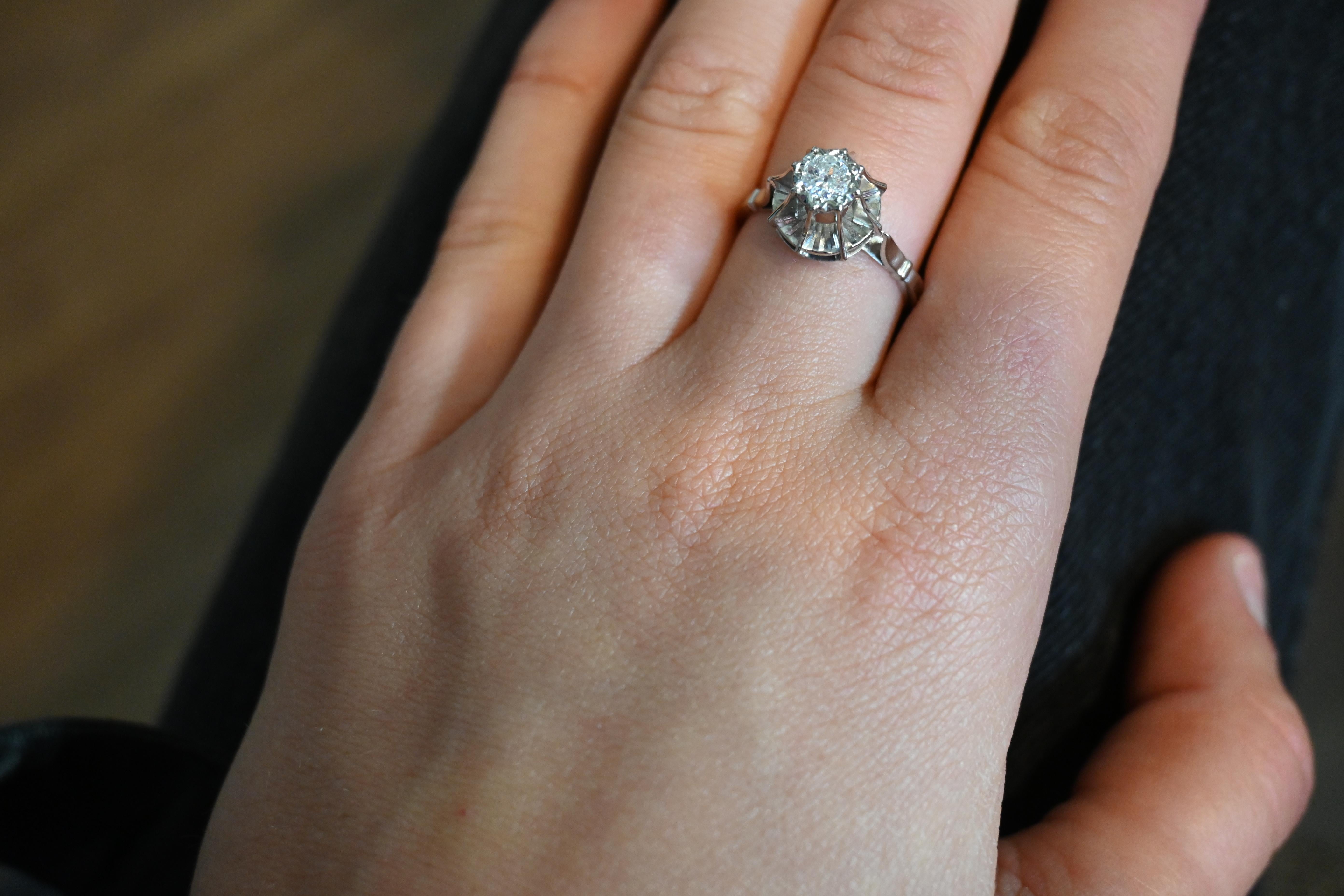 French Cut Solitaire Ring Diamonds 0.30 Carats 18 Carat White Gold For Sale