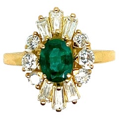Vintage Solitaire Ring Emerald Oval Shape Diamonds White Gold 18 Karat