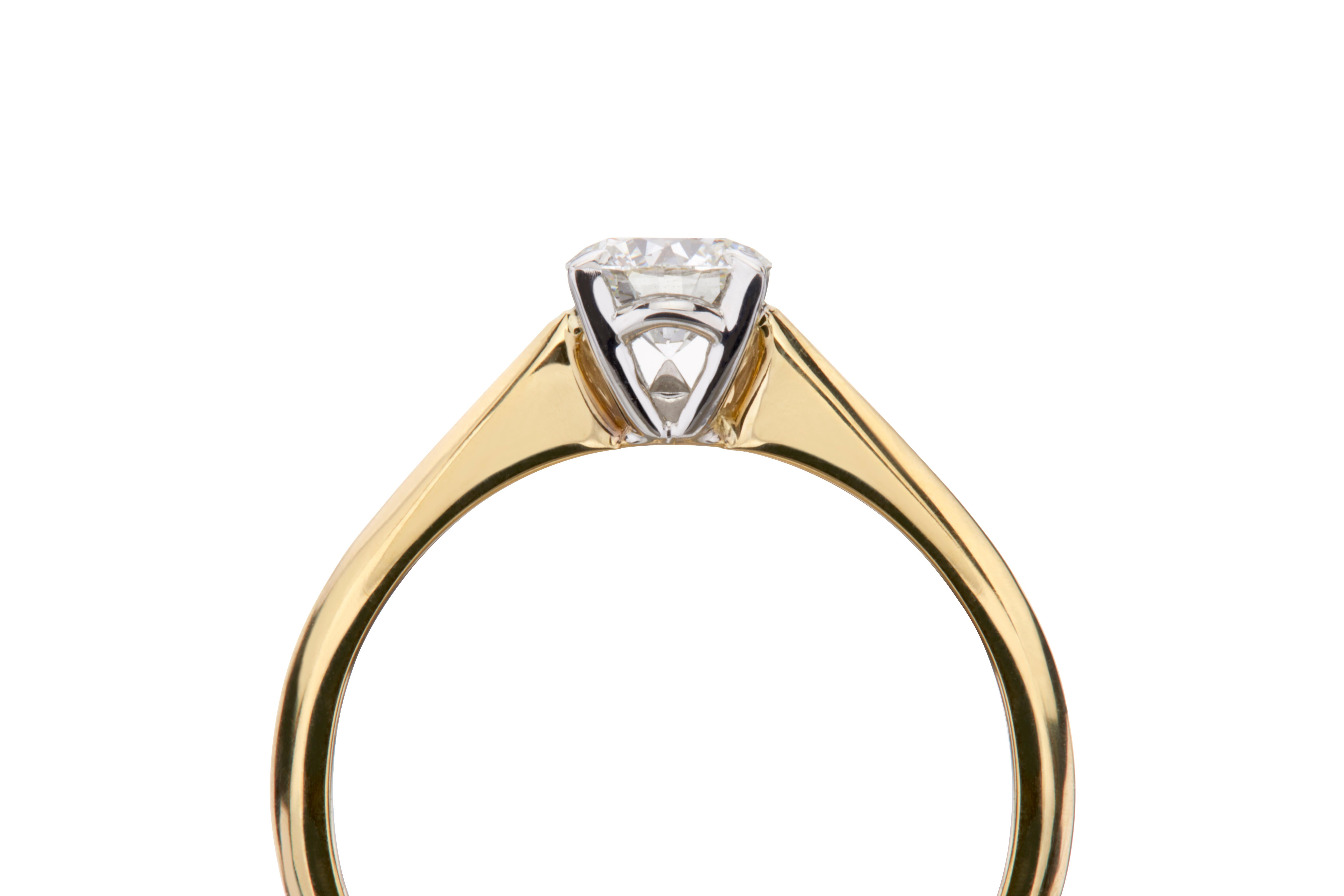 Brilliant Cut Solitaire Ring with GIA Certified 0.51 Carat Diamond 18Kt Yellow and White Gold For Sale